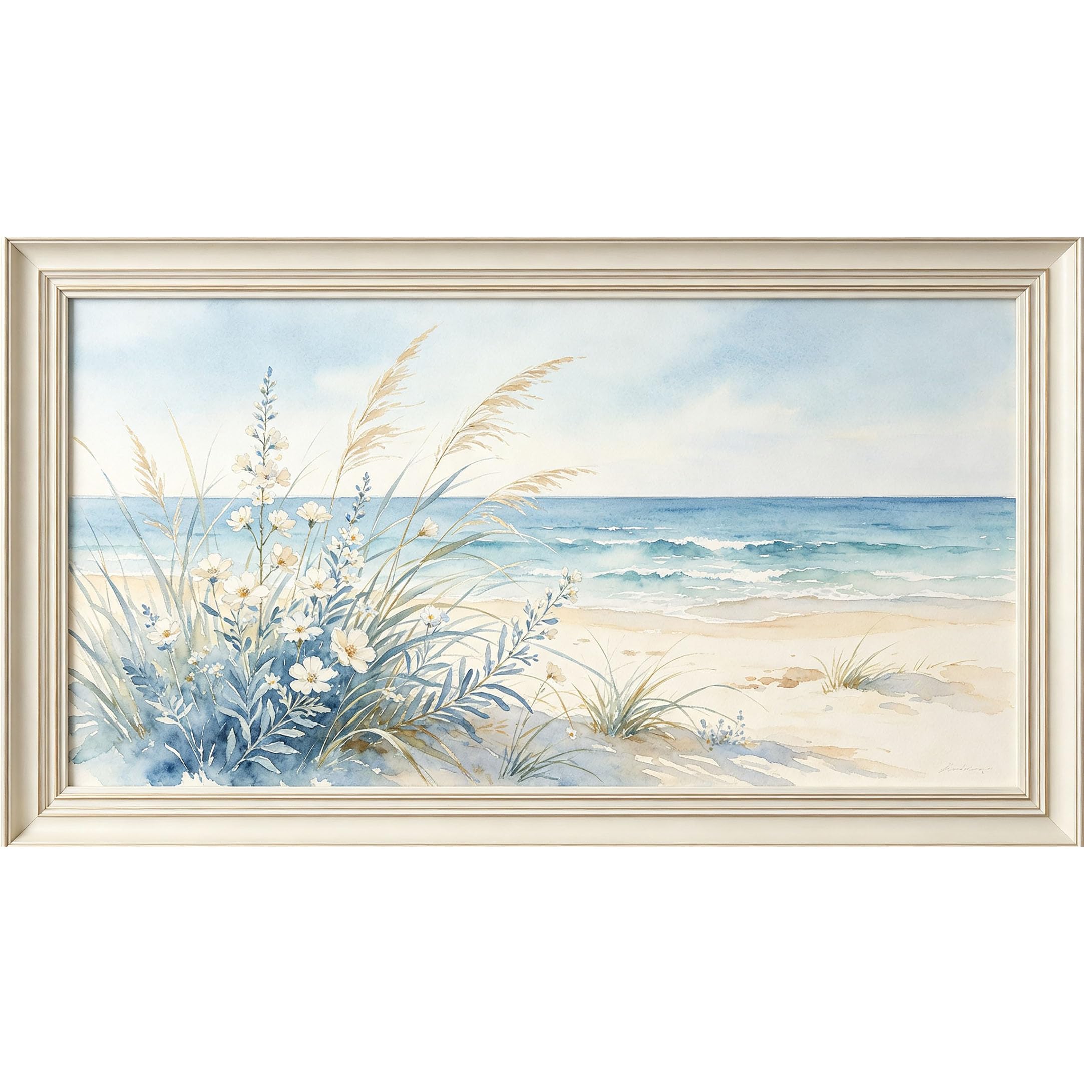 QZLITHOTIC 50x90cm3D Framed Wall Art， Coastal Ocean Beach Dune Watercolor Landscape Self‑Adhesive Mural， Water‑Activated Peel & Stick Fabric Decor Wall Decal for Bedroom Living Room