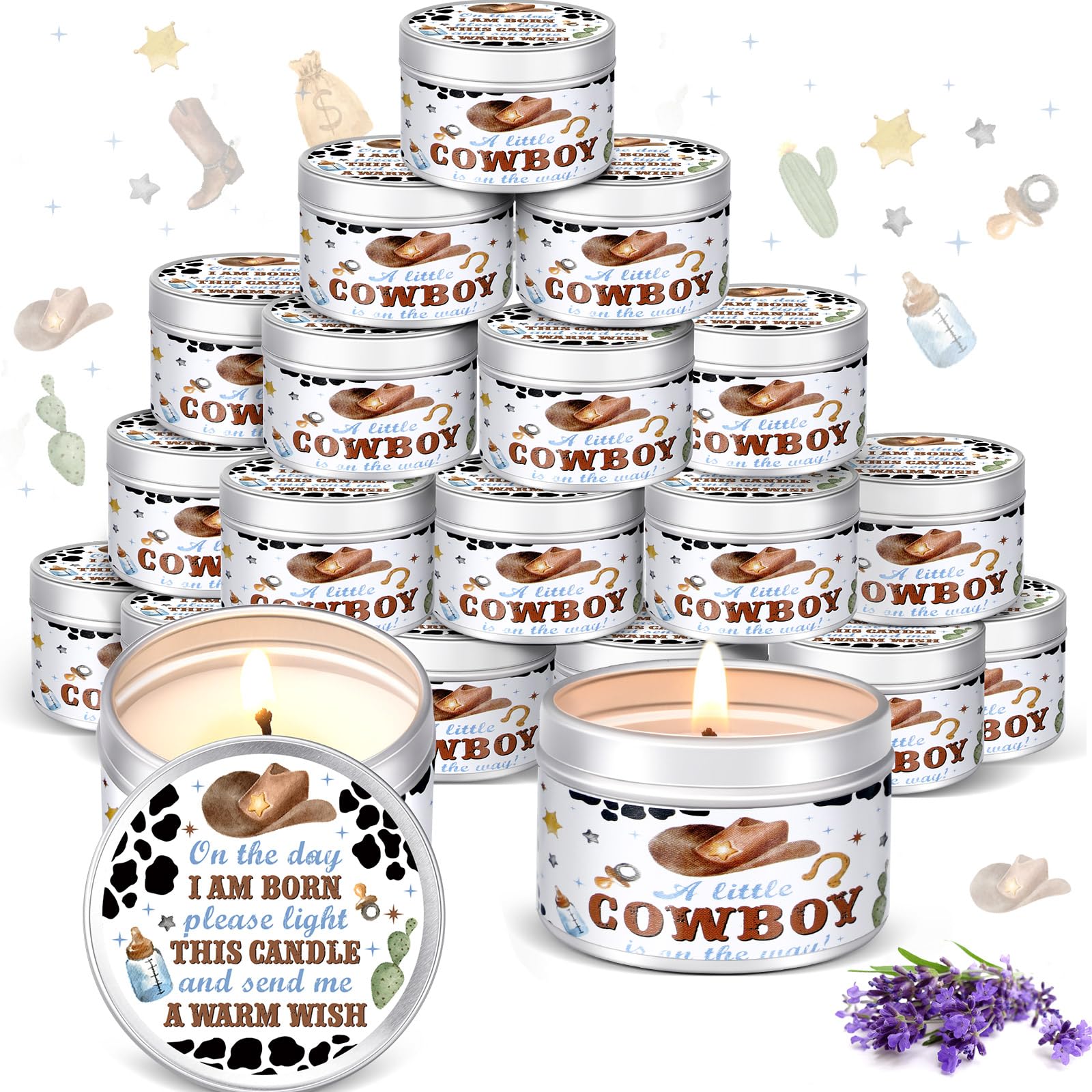 MTLEE 24 Pcs Cowboy Baby Shower Party Favors Candles Lavender Scented Baby Shower Favors for Guests Rustic Tealights Candles Gender Reveal Return Gifts Girl Boy(1.2 Oz, White)