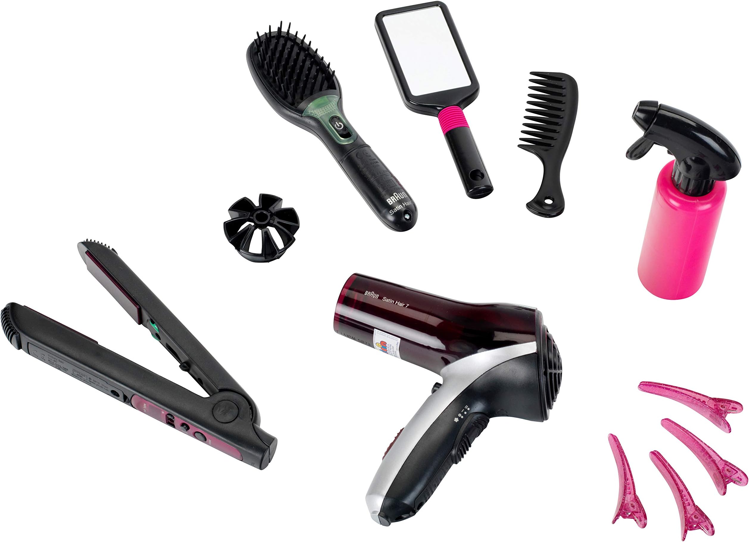 Theo Klein| Braun Satin Hair 7 Mega Set I With hair straightener, brush and much more I Battery-powered hairdryer I Packaging dimensions: 48 cm x 8 cm x 26 cm I Toy for children aged 3 years and up