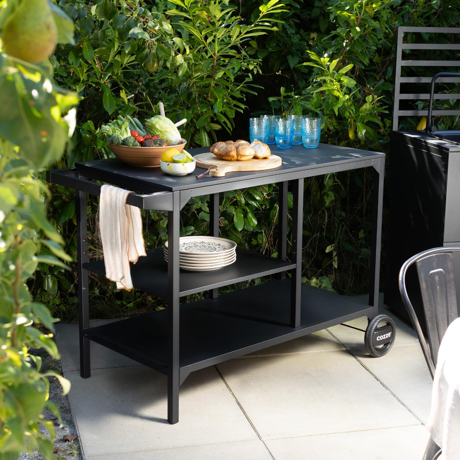 Cozze® BBQ Station Carro para Barbacoa 115 cm, Mesa Exterior de Acero galvanizado, Estante Ajustable 3 Niveles para Horno de Pizza, Ruedas Grandes y Patas Regulables, Carga máx. 100 kg