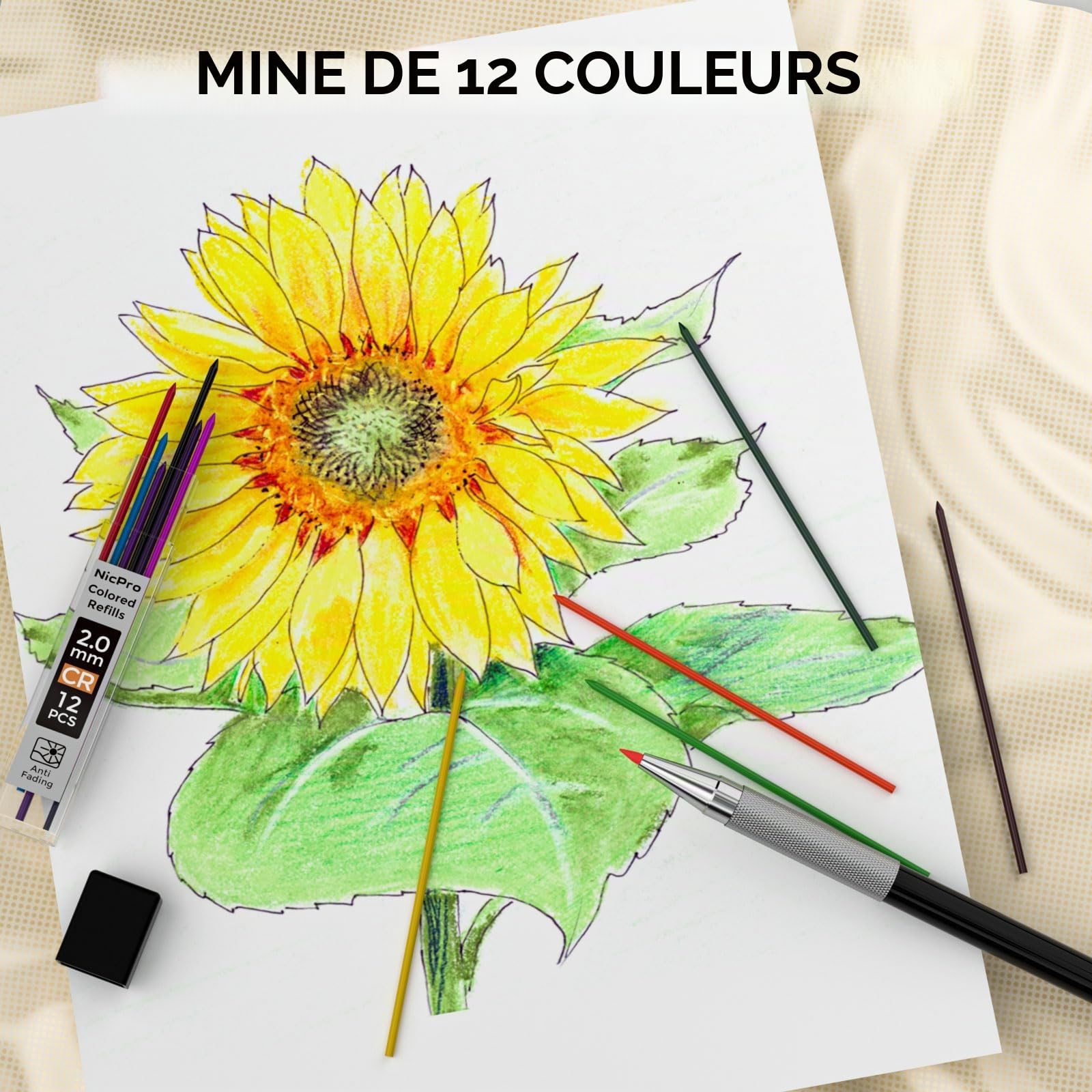Nicpro 6 pièces crayons mécaniques avec étui en cuir, porte mines de 0,3 mm, 0,5 mm, 0,7 mm, 0,9 mm et 2 mm pour croquis et écriture, criterium avec 18 tubes de recharges (couleurs 6B 4B 2B HB 2H 4H)
