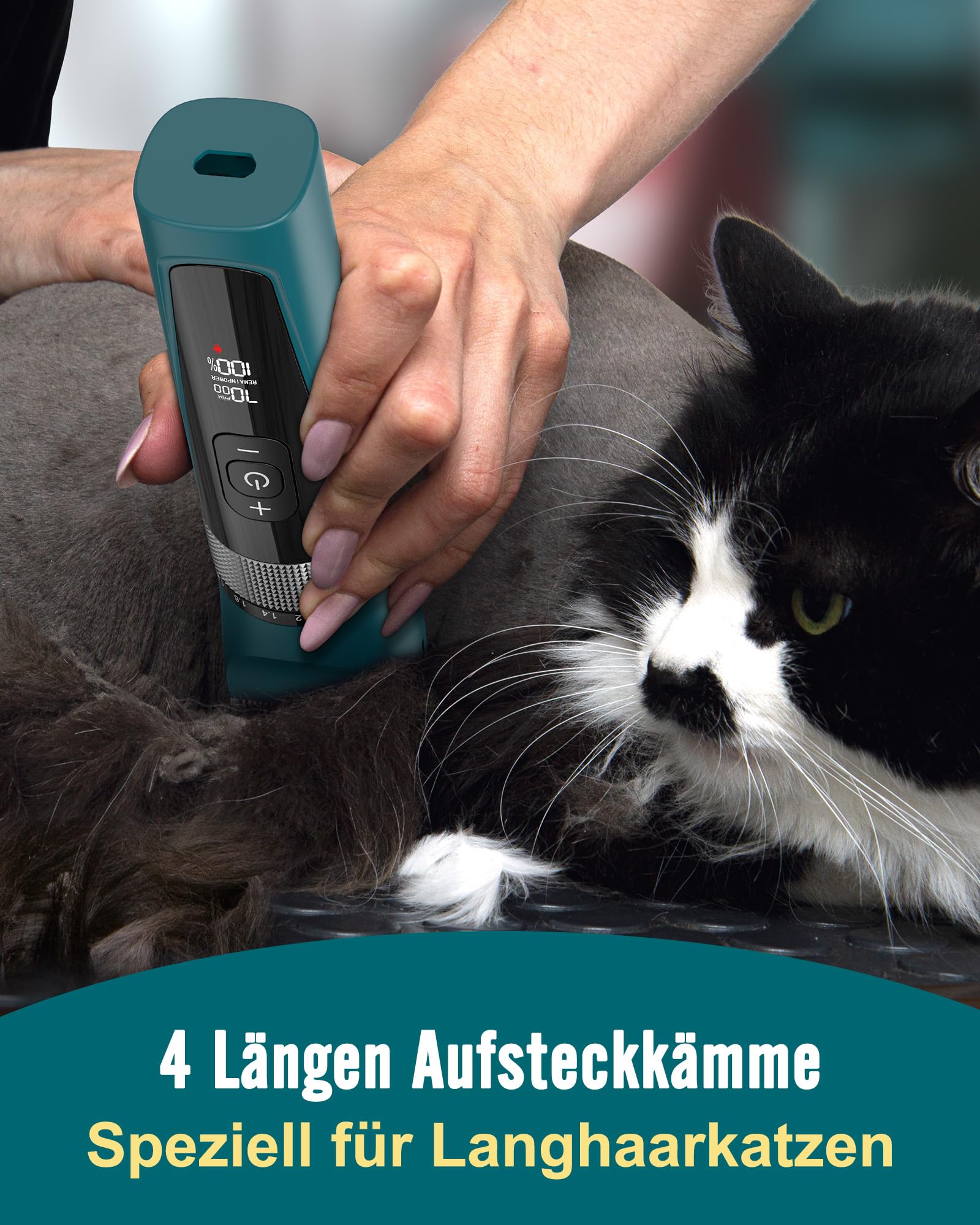oneisall Schermaschine Katze Leise, Profi Haarschneidemaschine für langhaarkatzen, 5-Geschwindigkeiten Katzenrasierer mit LCD-Display, IPX6 Wasserdicht, Einfache Reinigung (Grün)