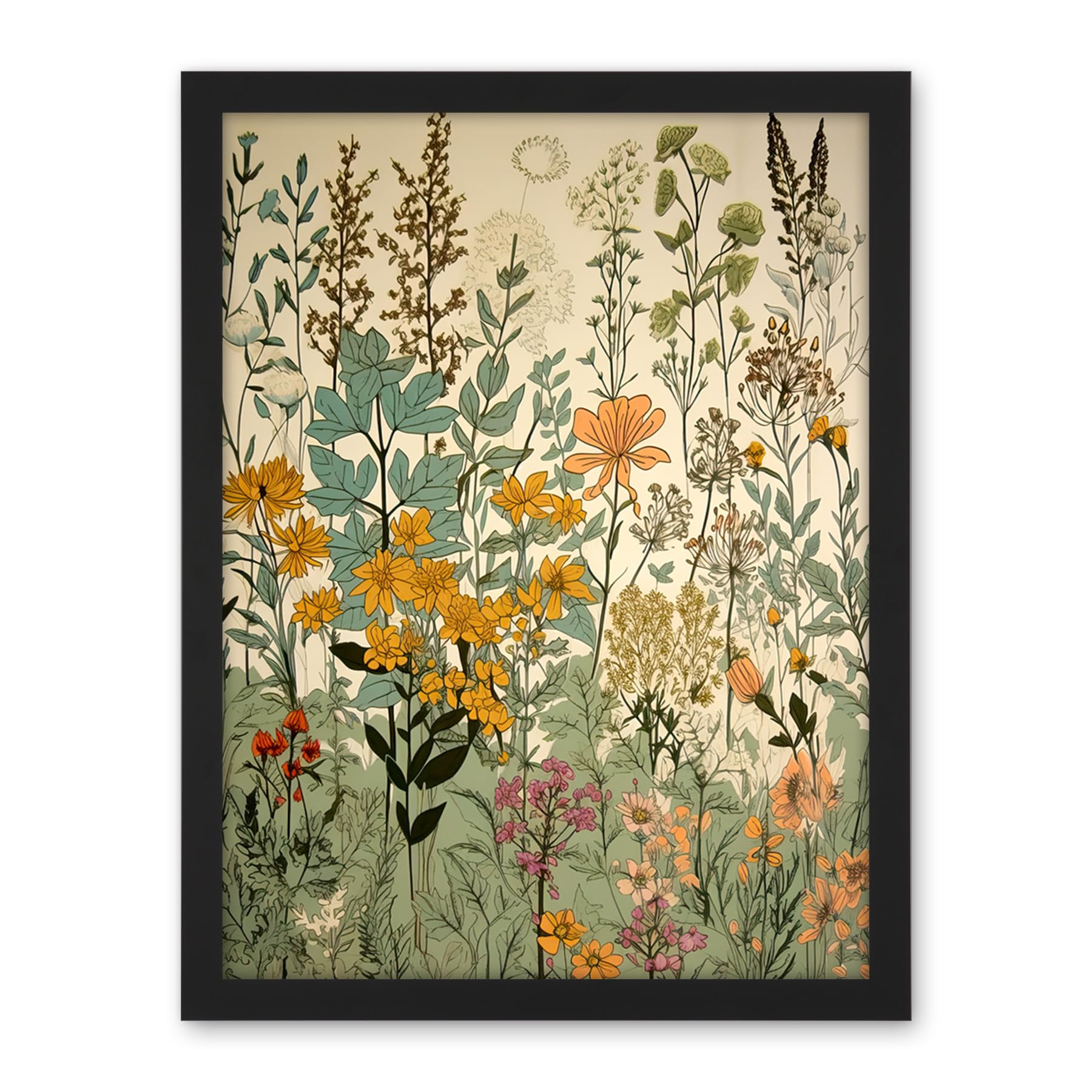 Artery8 Wildflower Vintage Botanical Painting Pastel Yellow Green Teal Pink Spring Field Artwork Framed Wall Art Print 18X24 Inch