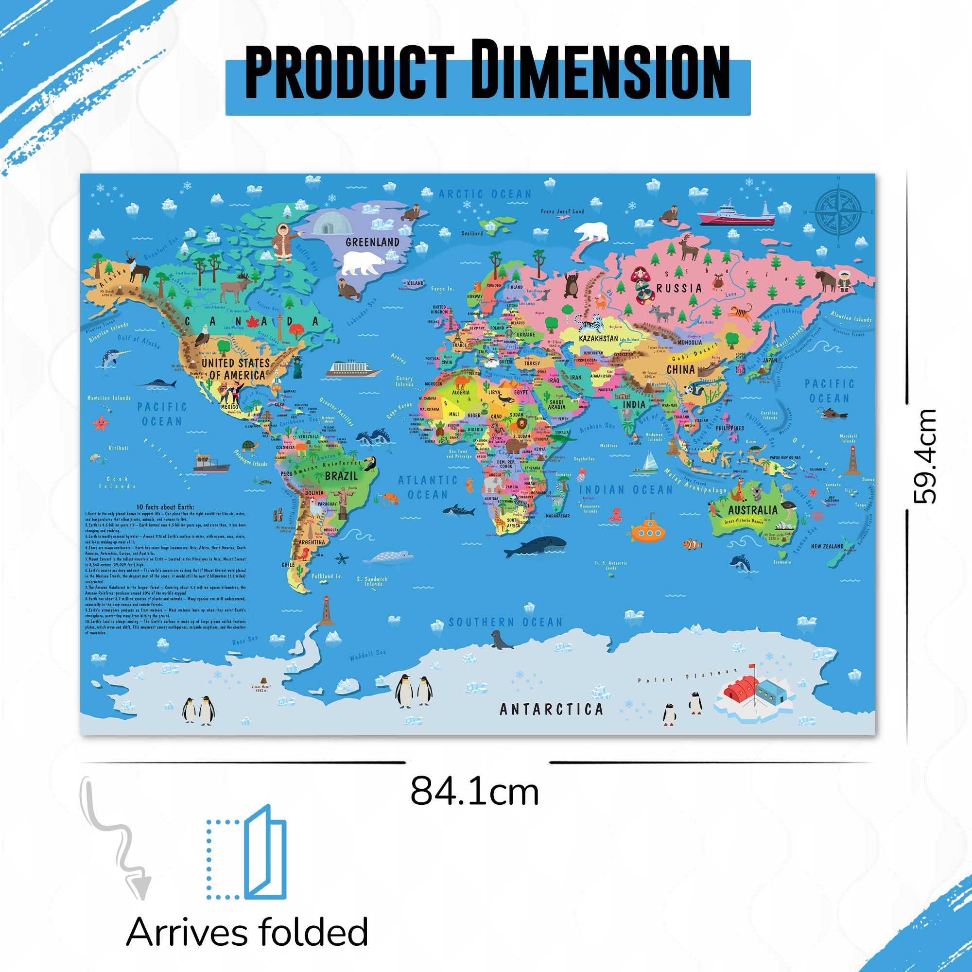 Children’s World Map Poster for Wall – Large A1 Illustrated World Map for Kids Globe Atlas Wallchart
