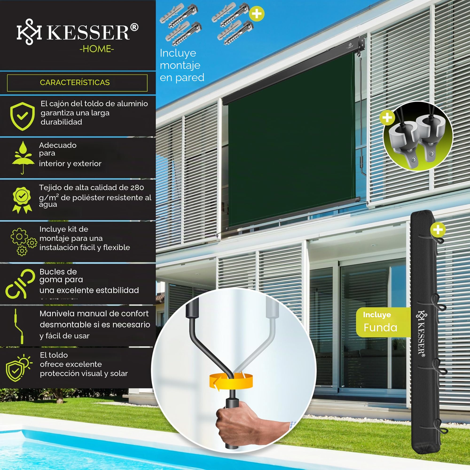 KESSER® Toldo vertical de 160 x 250 cm, con mecanismo de manivela, incluye kit de montaje y cubierta, protección solar con manivela para balcón y terraza