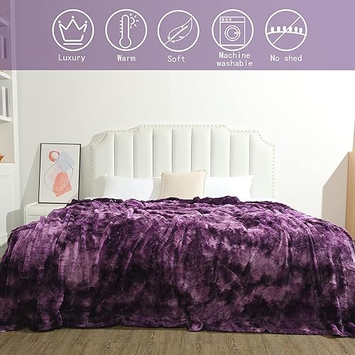 Miniatura 4 de Manta de piel sintética tamaño Queen  Acogedora, peluda y peluda  Regalo decorativo de lujo teñido anudado  Mantas reversibles tamaño Queen para
