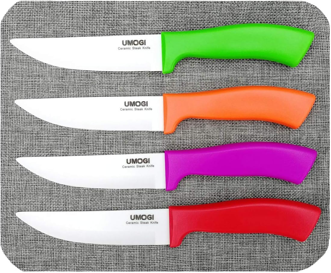 Ceramic Steak Knives Set of 4 with Covers in Gift Box - Utility Knife Large Size - Healthy Stain Resistant & Rust Proof - Dishwasher Safe - Best for Meat Tomatoes Vegetables Fruits BBQ