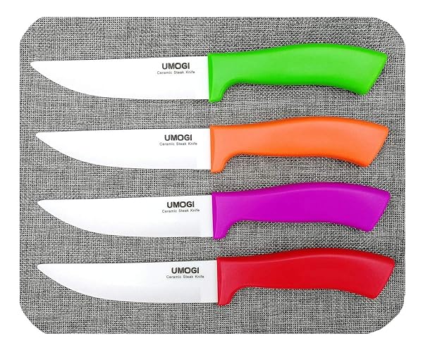 UMOGI Ceramic Steak Knives Set of 4 with Covers in Gift Box - Utility Knife Large Size - Healthy Stain Resistant & Rust Proof - Dishwasher Safe - Best for Meat Tomatoes Vegetables Fruits BBQ - Rainbow Steak Set