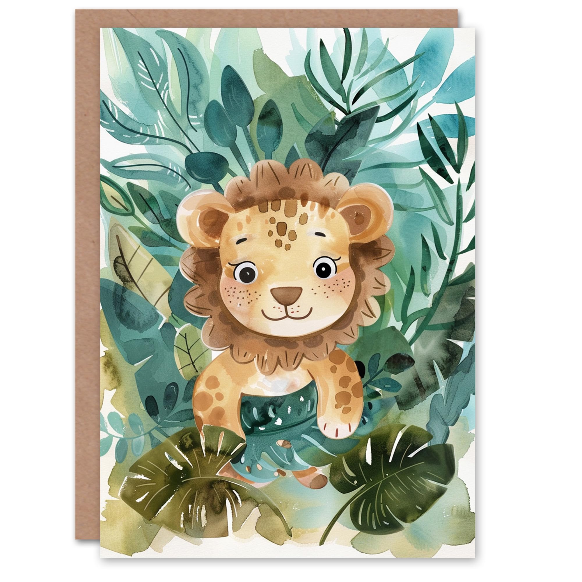 Artery8 Greeting Card - Baby Lion Cub - Watercolour - Green