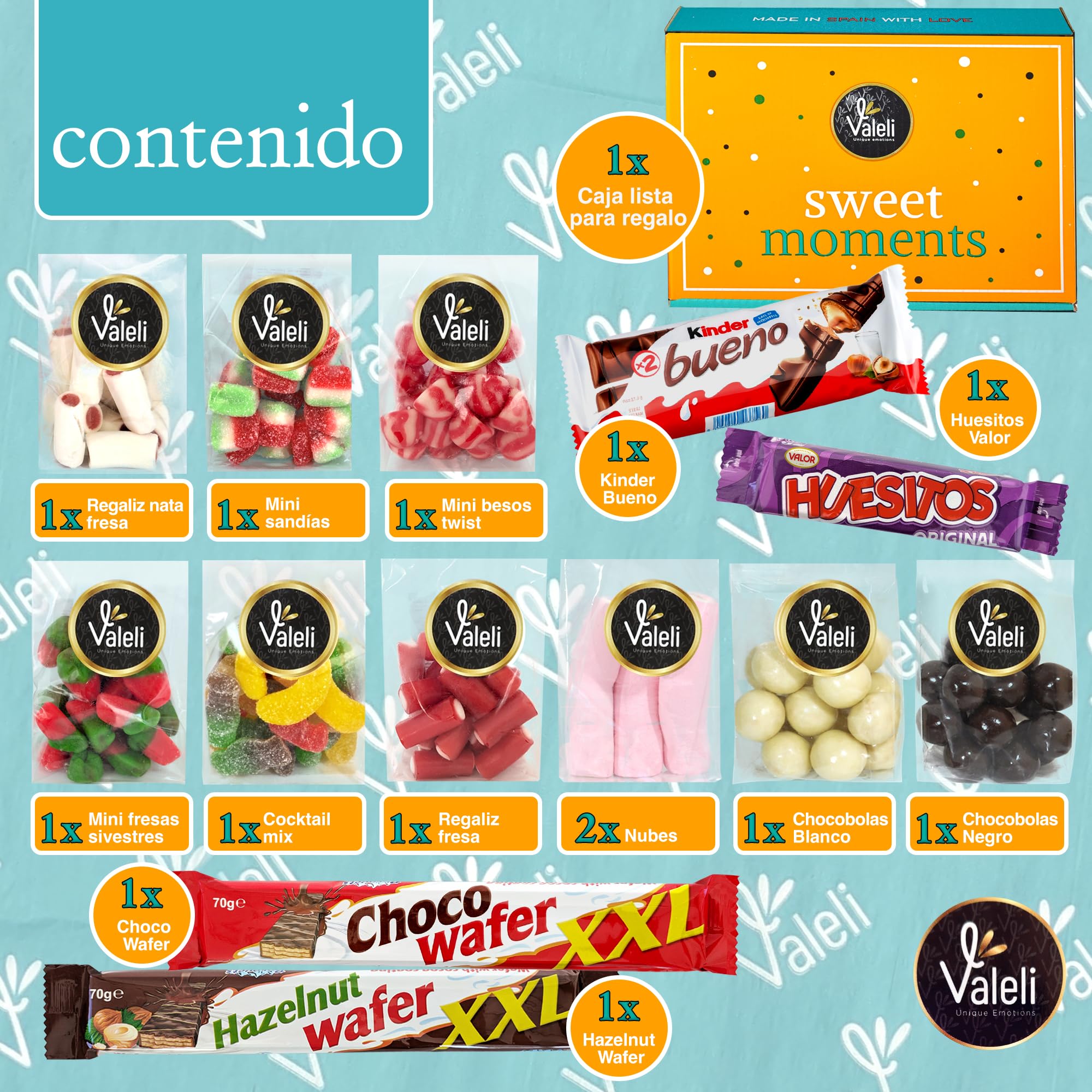 Valeli, Chocolates y Golosinas Cesta dulces y chocolatinas, Caja Regalo Original: Cumpleaños - 1 kg paquetes, bolsas