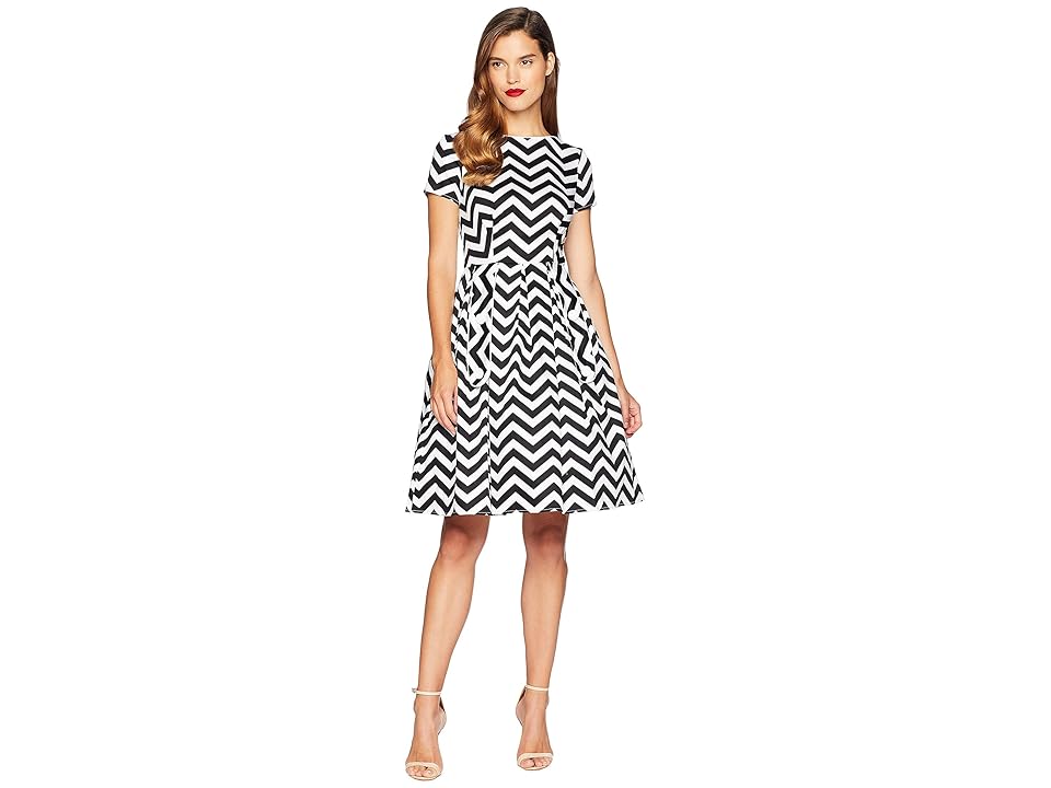 

Unique Vintage Cotton Chevron Fit Flare Dress (Black/White) Women's Dress