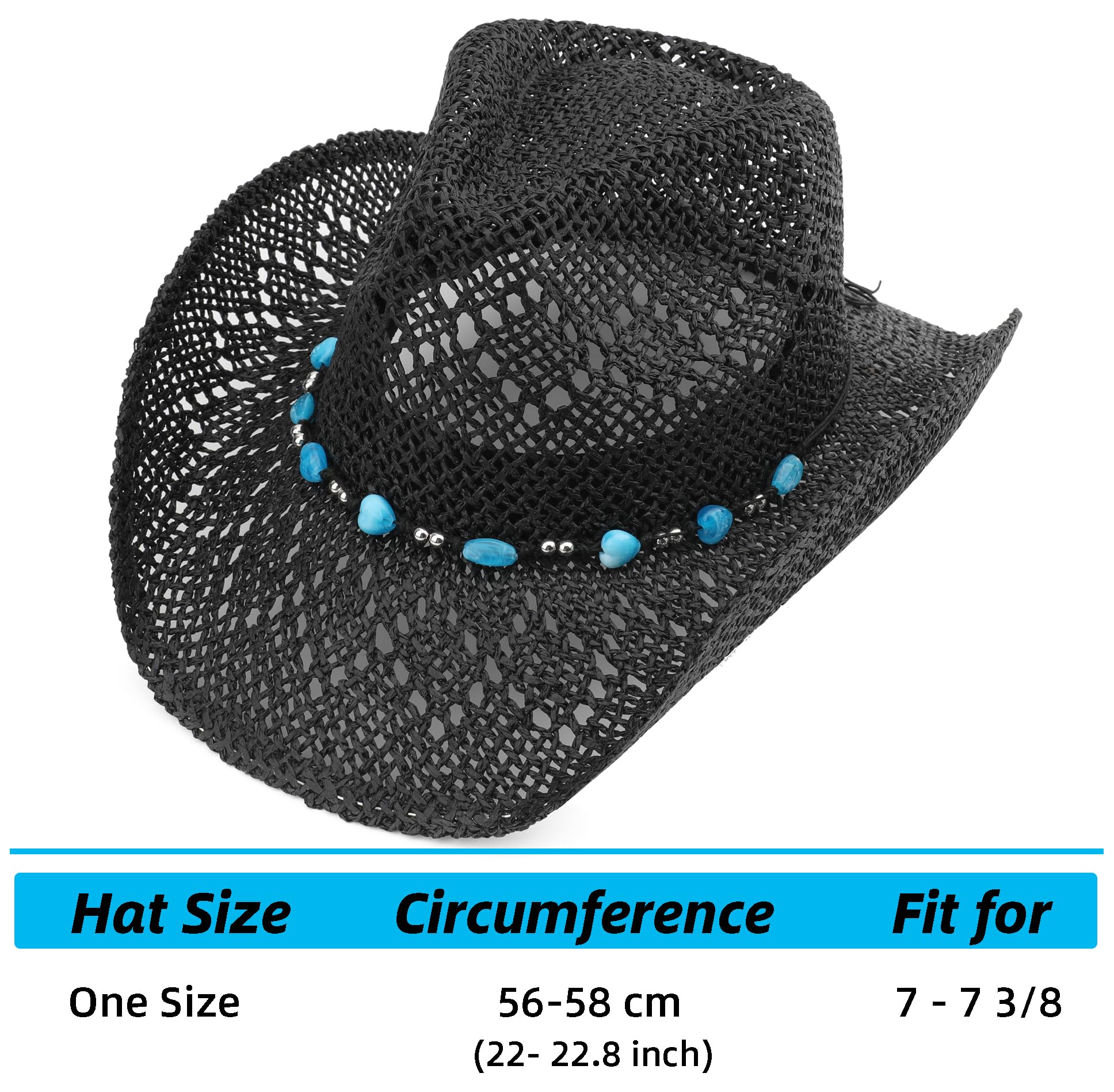 BESOOGII Cappello da cowboy da donna in paglia con tesa modellabile
