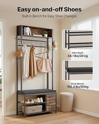 Miniatura 4 de VEVOR Árbol de pasillo con banco y almacenamiento de zapatos, banco de entrada con perchero, 3 cajones, 3 cubos de almacenamiento, 7 ganchos con