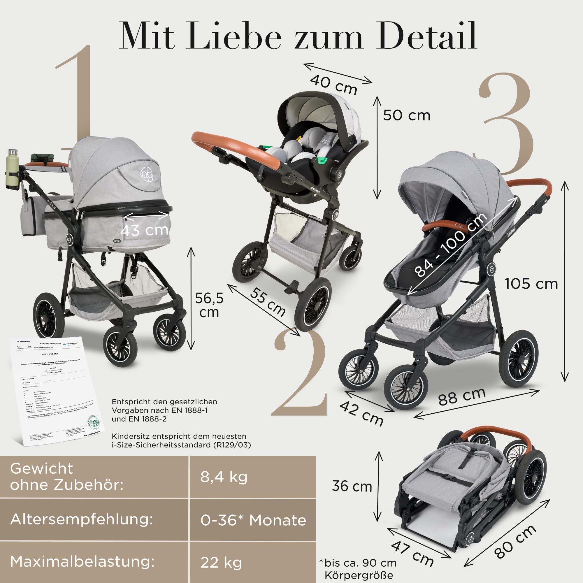 Kinderwagen 3 in 1 [Babywagen & Autositz] mit Babyschale Fahrgestell Kombi als Set | Stroller Baby | Isofix Station & 5-Punkt Sicherheitsgurt Kinderwagen Buggy Reisebuggy Buggys | Babywagen