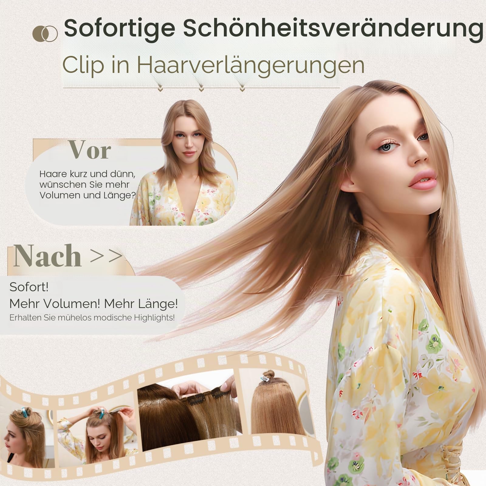 Elailite Voller Kopf Haarverlängerung Echthaar Clip -(8 PCS 18 Clips Hair Extensions Clip in Bayalage) - glatt, #18/613 Aschblond＆Gebleichtes Blond 60cm 80g