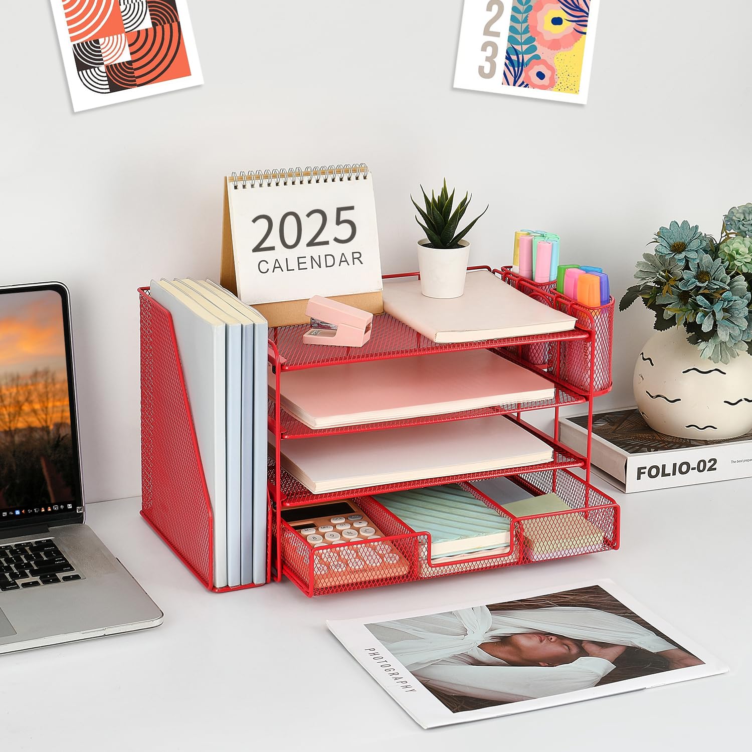 gianotter Desk Organizers and Accessories with File Holder, 4-Tier Desk Accessories & Workspace Organizers with Drawer and 2 Pen Holder, Paper Organizer for Office Supplies(): Red