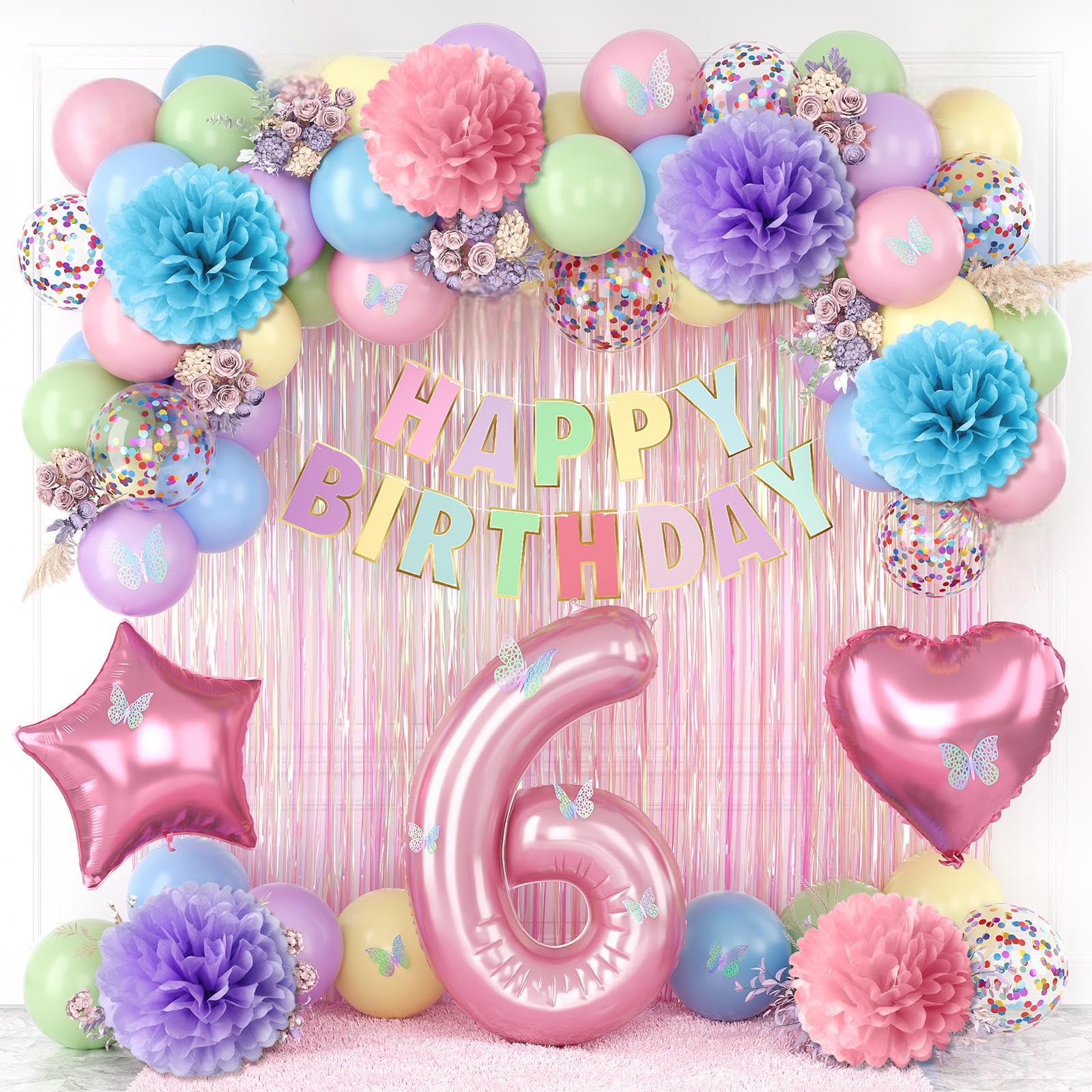 Pastel 6th Birthday Colorful Party Decorations Girls Pink Number 6 Balloon