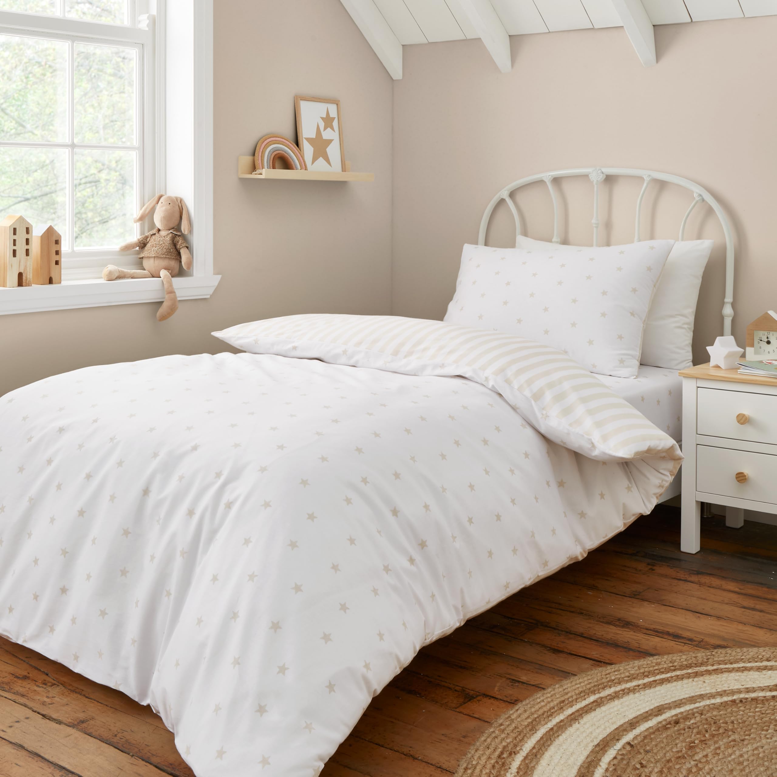 Bianca Mini Star & Stripes Reversible Cotton Junior Duvet Cover Set with Pillowcase Natural