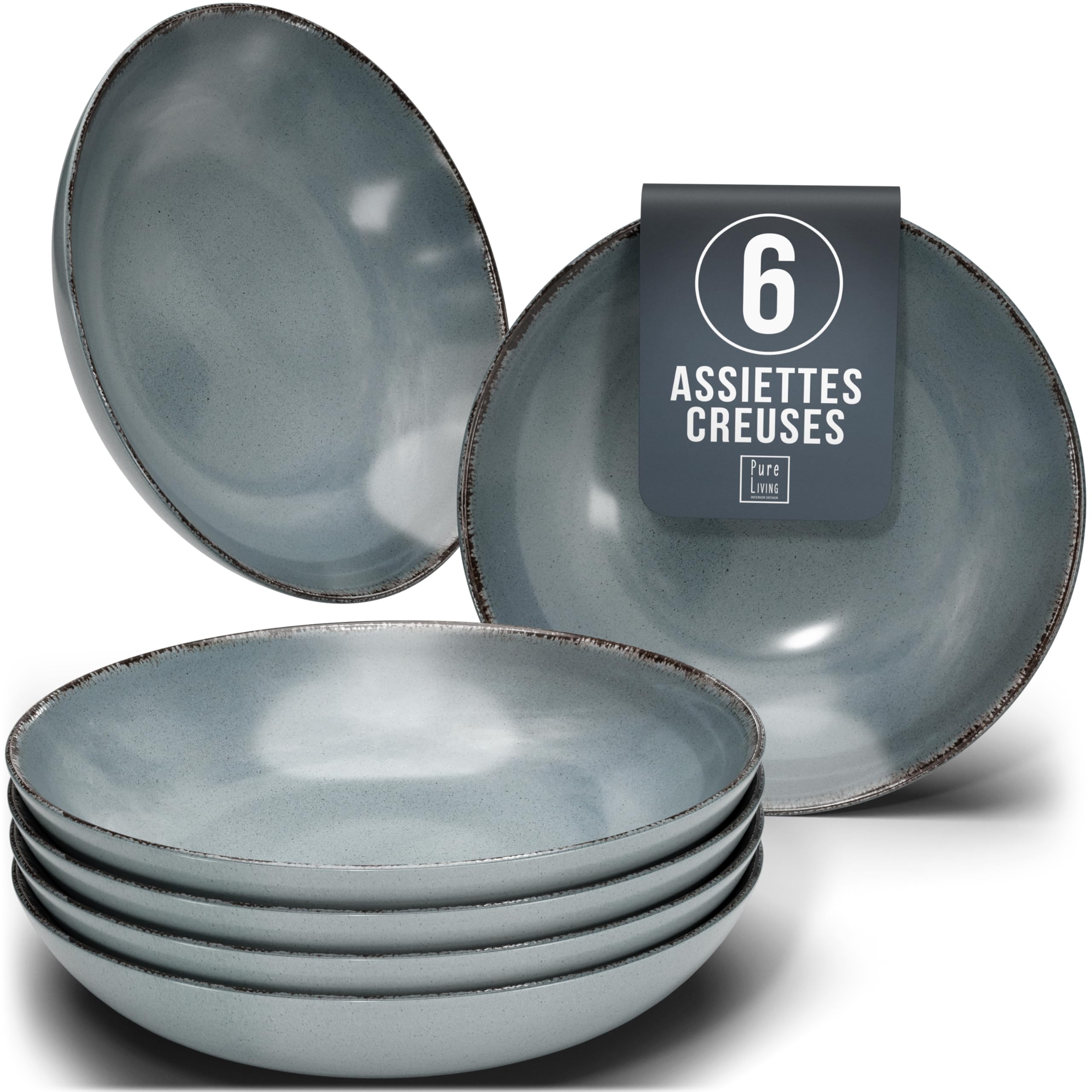 Assiettes creuses en grès Rustic - Lot de 6 - Vaisselle style maison de campagne Pure Living pour soupes, pâtes et salades - Passe au lave-vaisselle - Bleu fumé