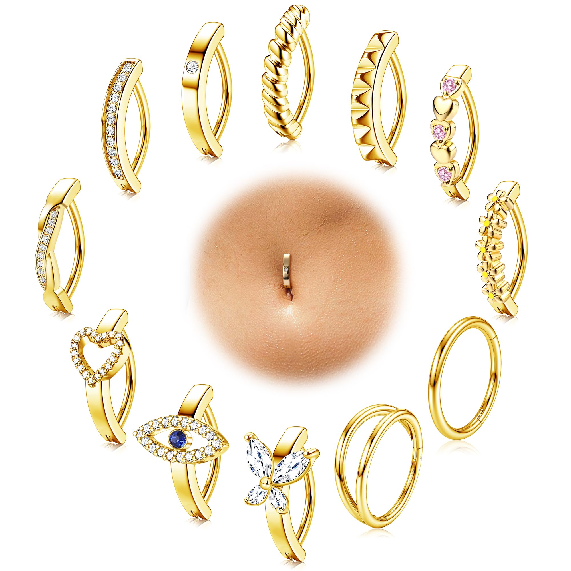 CASSIECA 12 Piezas 14G Clicker Piercing Ombligo para Mujer Acero Quirúrgico Aro Piercing Ombligo Corazón Flor Mariposa Plata Oro Piercing Ombligo Anillos 10/12MM