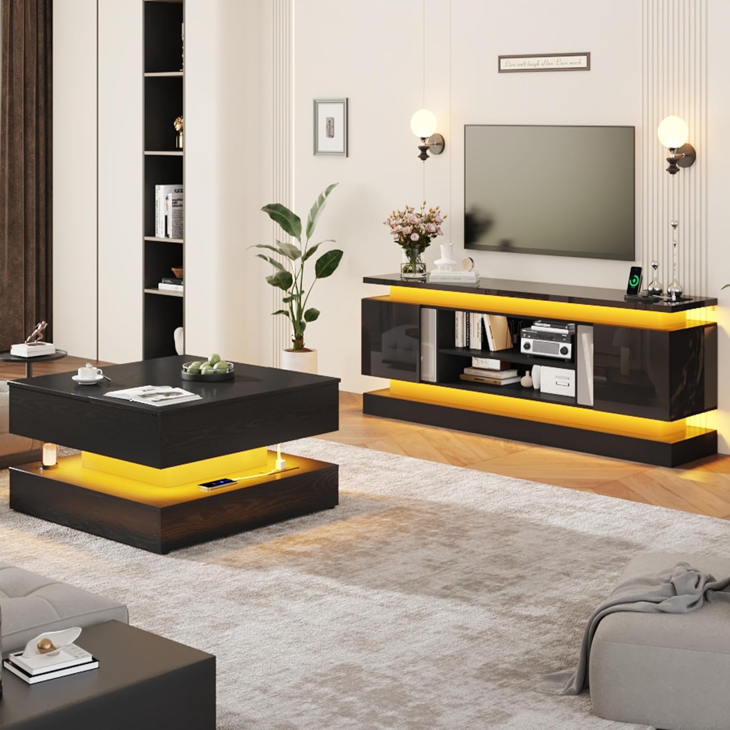 71IN LED TV Stands w/Power Outlet for 85/80/75 Inch TV,High Glossy Modern TV Console Gaming Entertainment Center with 2 Storage Cabinets,Dual LED Lights Strips for Living Room,Bedroom,Black - Image 3