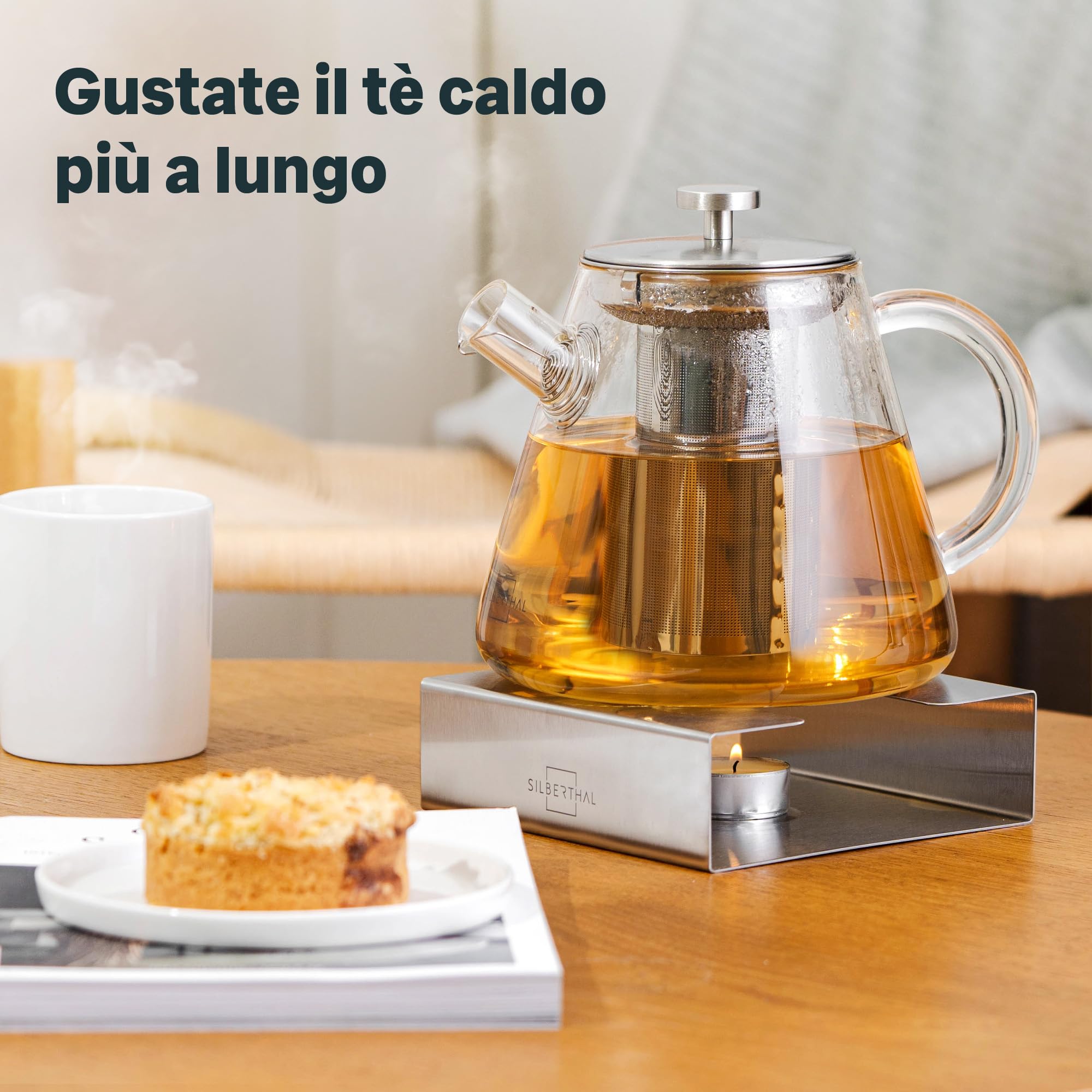 SILBERTHAL Teiera con infusore 1,5 Litri - Vetro borosilicato e acciaio inox - Con scalda teiera
