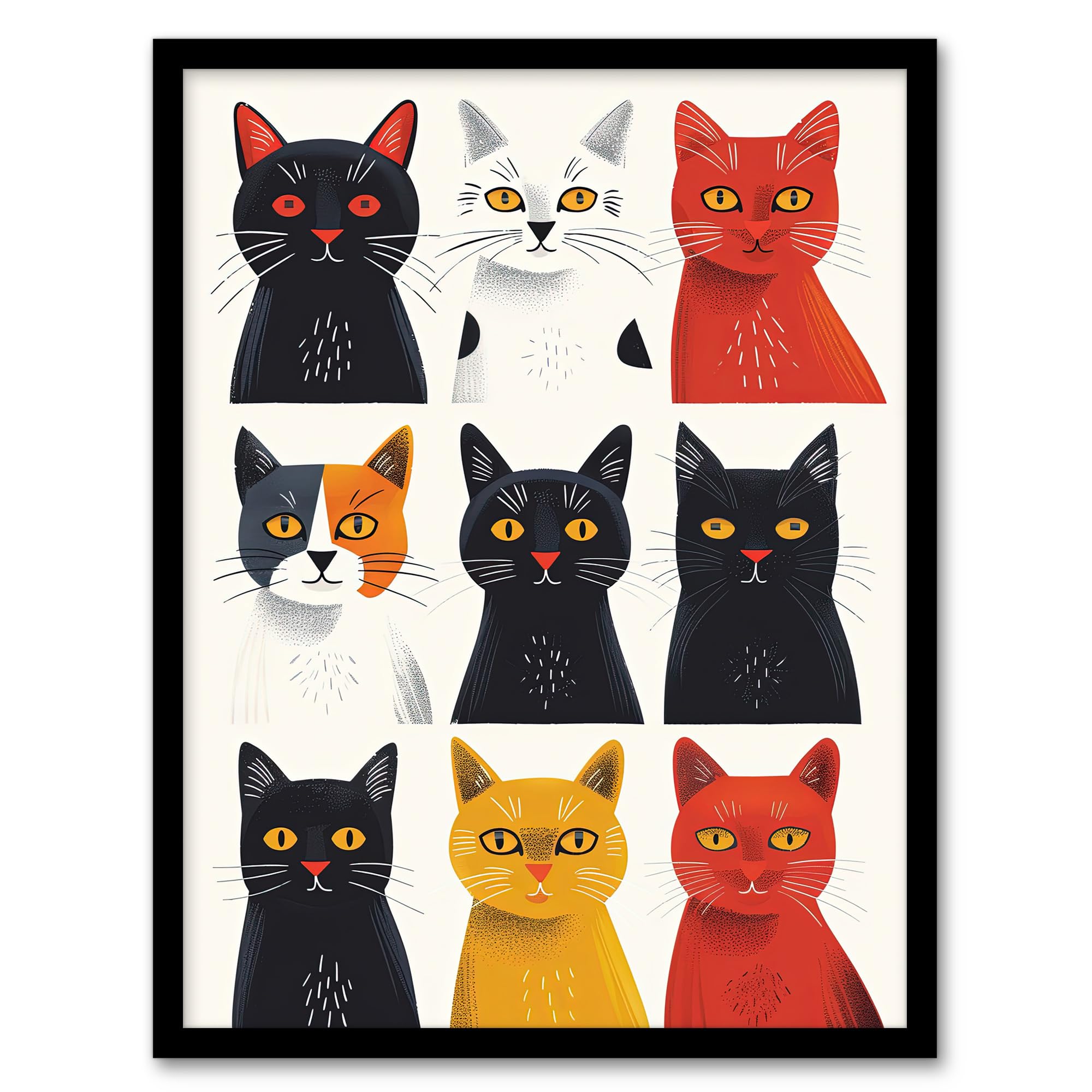 Artery8 Nine Cats Fun Quirky Animals Cat Lover For Living Room Artwork Framed Wall Art Print A4
