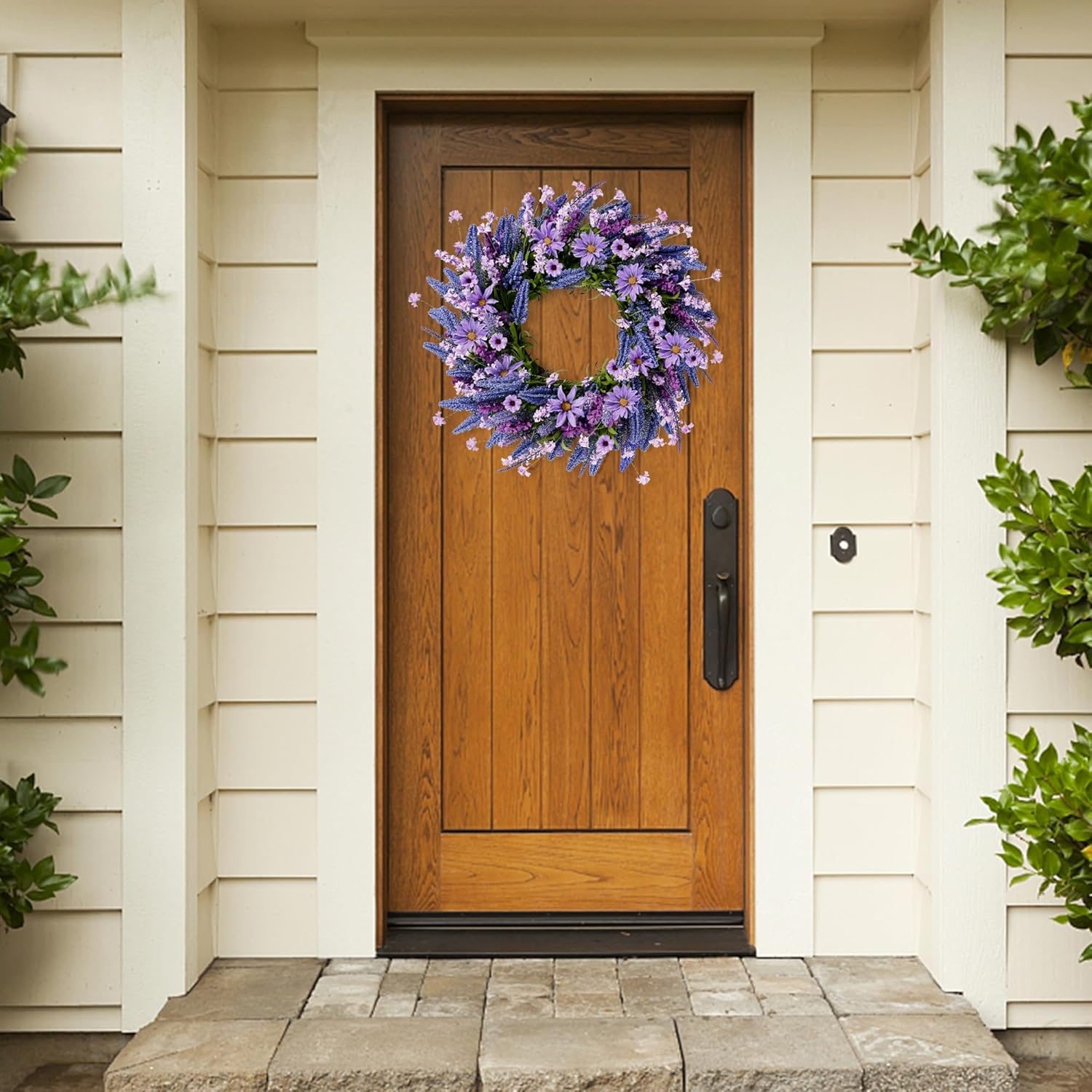 Sggvecsy Lavender Wreath for Front Door 22 Inch - Purple Daisy Spring Summer Artificial Wild Flower Greenery Leaves for All Seasons - Farmhouse Home Wall Indoor Outdoor Window Decor - Image 4