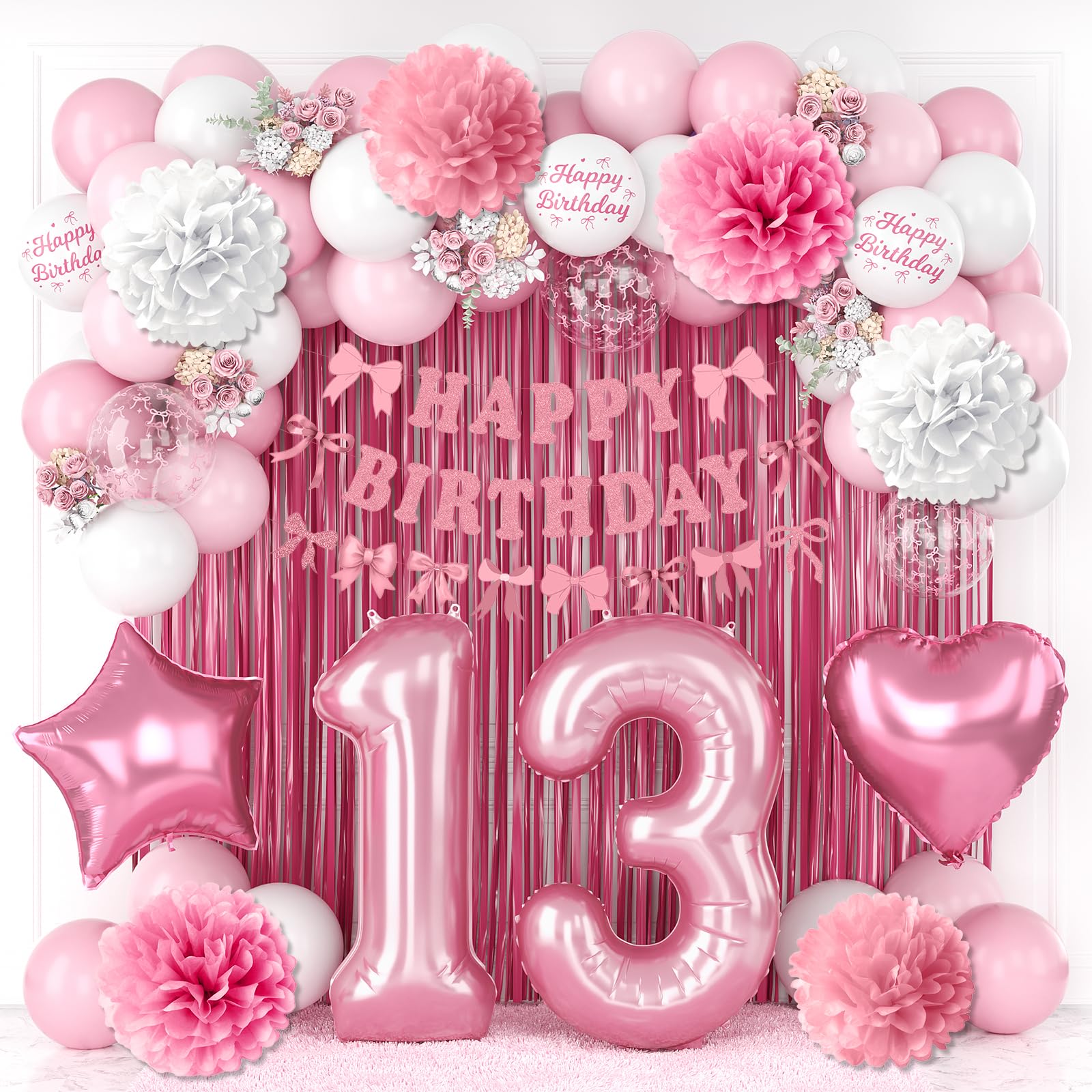 13th Birthday Decorations Girls Pink Number 13 Balloon Bow Coquette Party