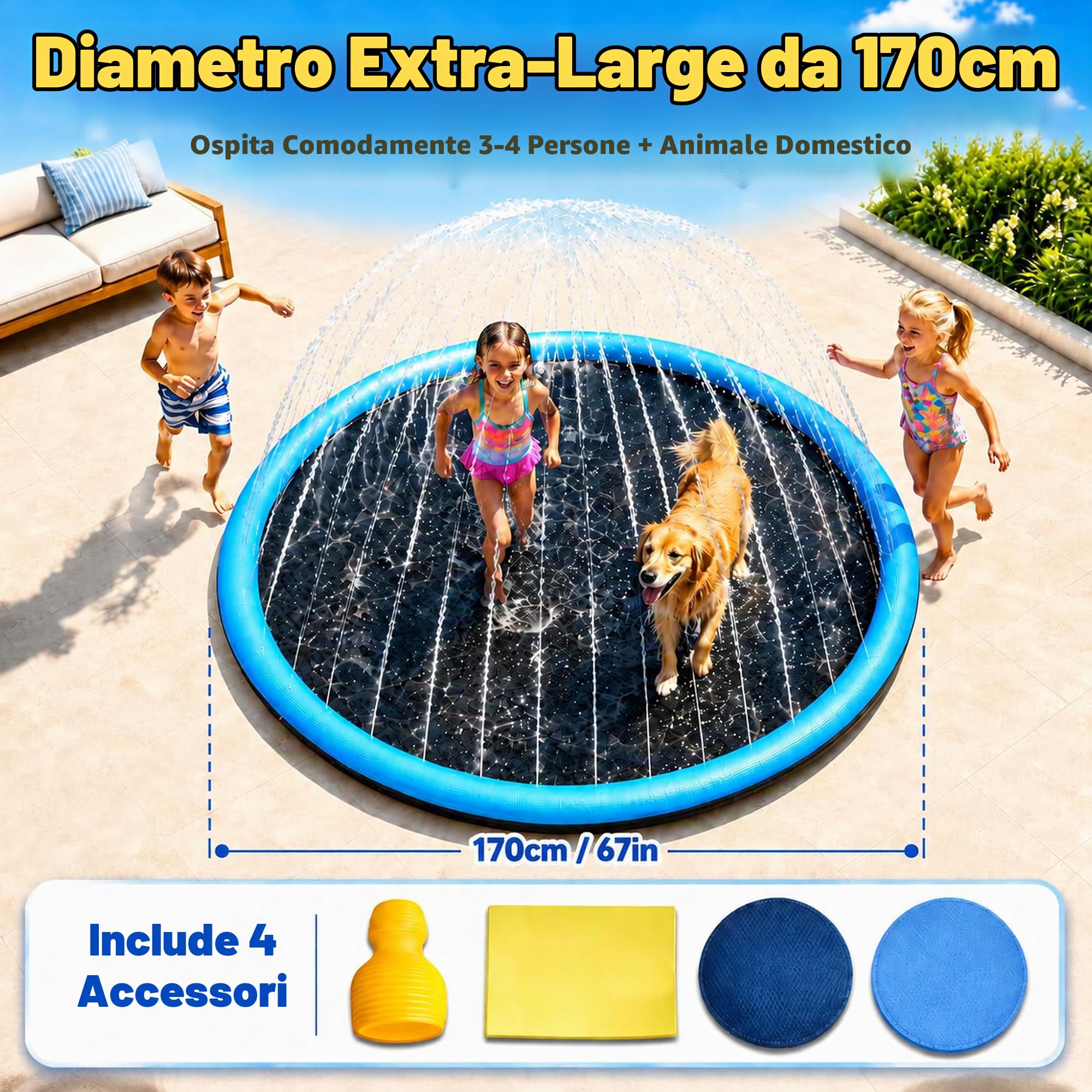 Piscina per Cani 170cm Antiscivolo con Spruzzi Regolabili | Tappeto Acqua Gioco Bambini e Cani, Splash Pad da Giardino Resistente per Cortile e Outdoor Estivo, Facile da Pulire