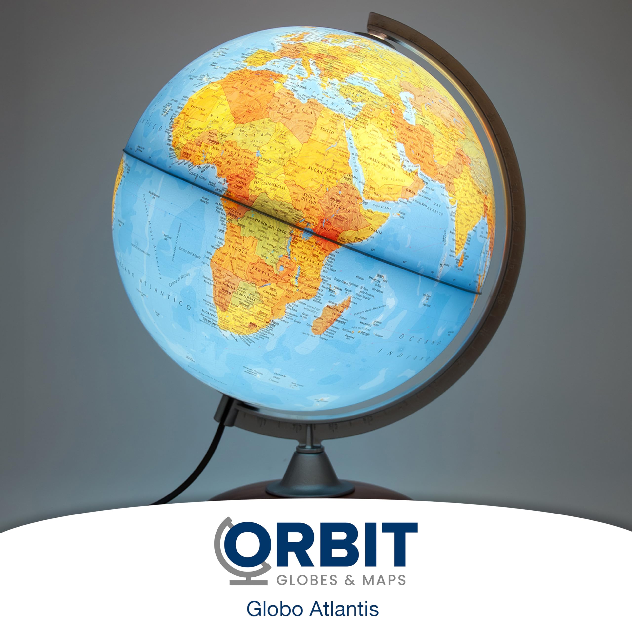 ORBIT GLOBES & MAPS Globo Luminoso, mappamondo, cartografia a Doppia Effetto, Fisica e Politica, Italiano, con Base in Legno, Lampadina a LED
