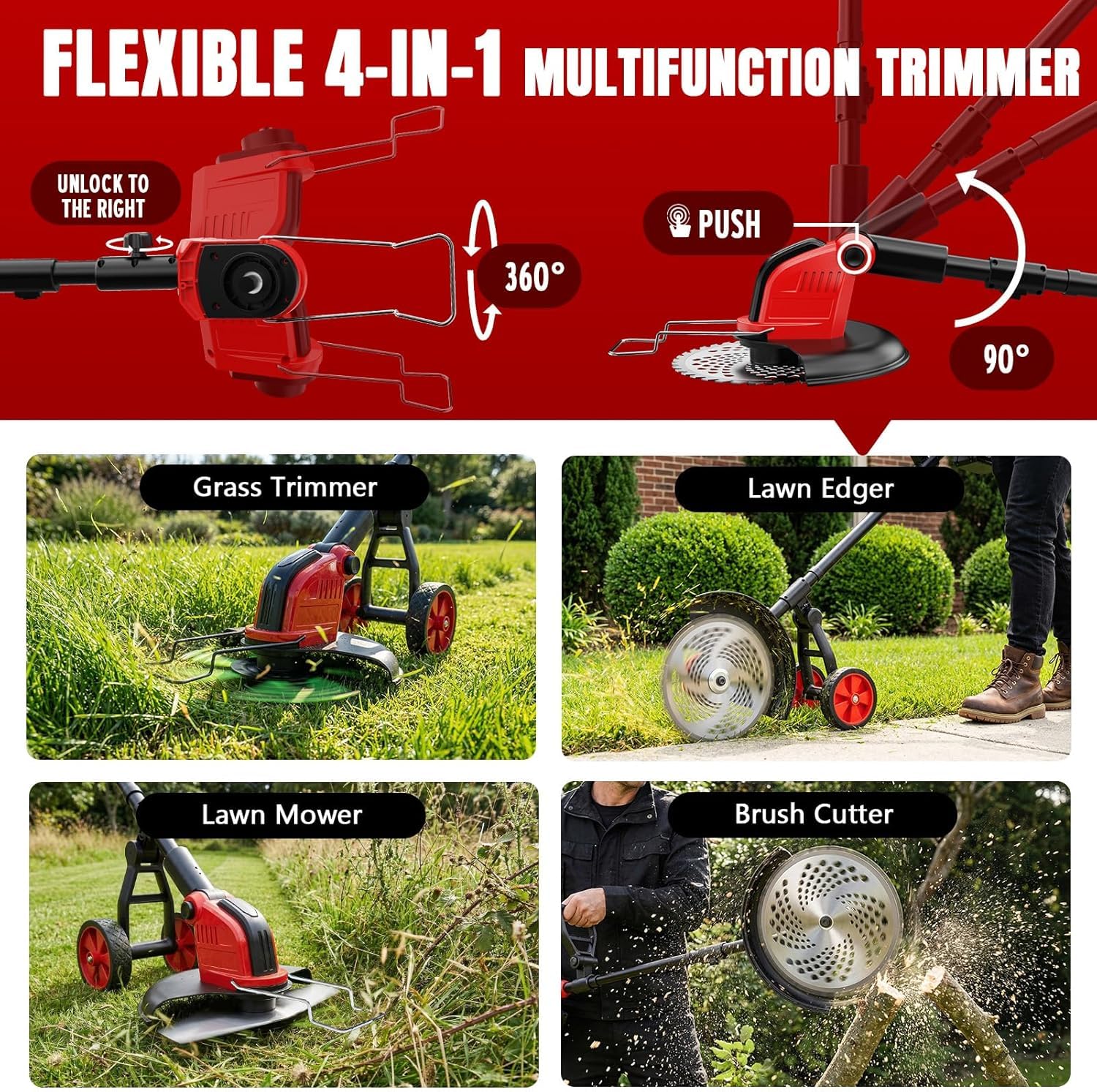 Decespugliatore elettrico senza fili con ruote, 30,5 cm, con 2 batterie da 3,0 Ah e caricabatterie, motore brushless, 4 in 1, telescopico, leggero, per prato, falciatura, bordatura, giardino