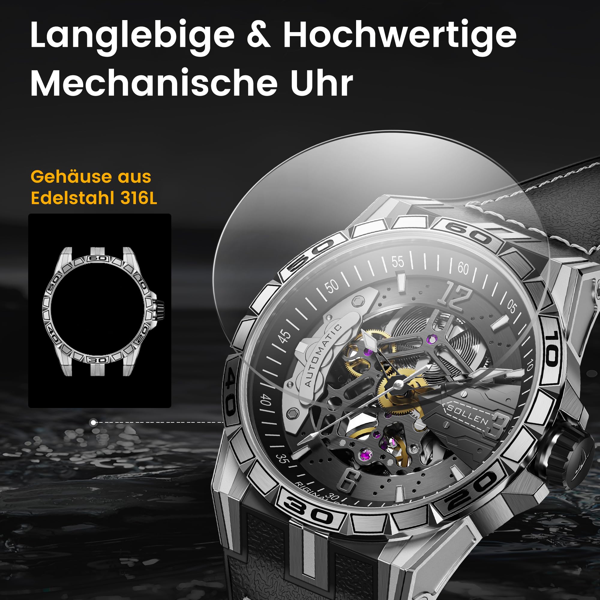 SOLLEN Skelett Uhren Herren Automatik,Mechanische Armbanduhren Herren,Klassische Minimalistische Herrenuhren Luxus,5ATM Wasserdicht Leuchtend Selbstaufzug Automatische Uhr als Geschenk für Männer