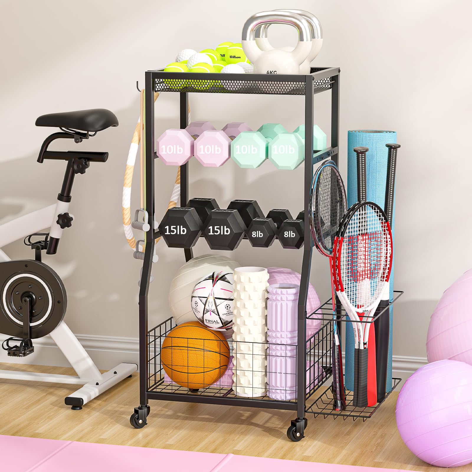 Home Gym Storage Rack, Dumbbell Rack with Yoga Mat Storage, Weight Rack Stand with Lockable Wheels and Hooks, Home Workout Equipment Organizer for Yoga Mate, Dumbbell, Kettlebells, Ball-image-40
