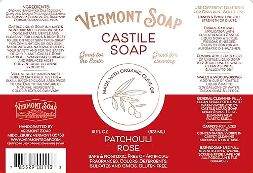 Miniatura 9 de Vermont - Jabón de Castilla rosa de pachulí, jabón líquido suave para piel sensible y gel corporal natural, champú orgánico para cabello graso,