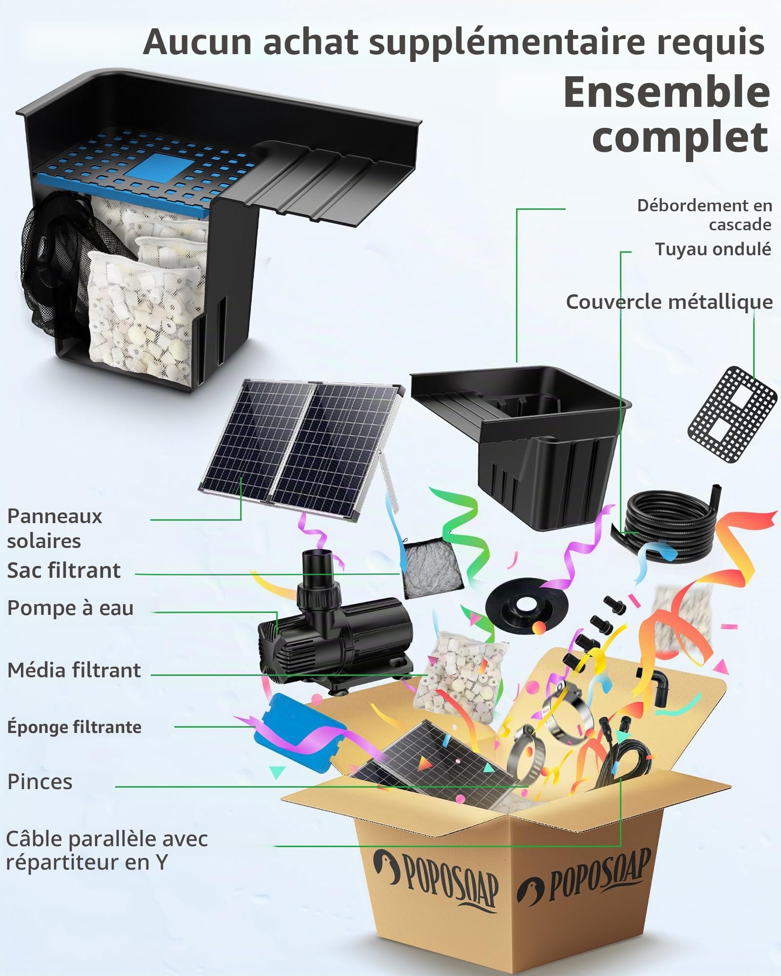 POPOSOAP Cascade d’étang solaire avec panneau solaire 120W & pompe 6000 L/h, tuyau ondulé 3m, média filtrants, cascade pour étang de jardin extérieur, ruisseaux