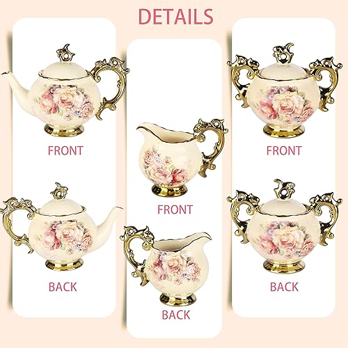 Miniatura 7 de fanquare Juego de té de porcelana británica de 15 piezas, juego de café floral vintage de China, servicio de té de boda para adultos, taza de té
