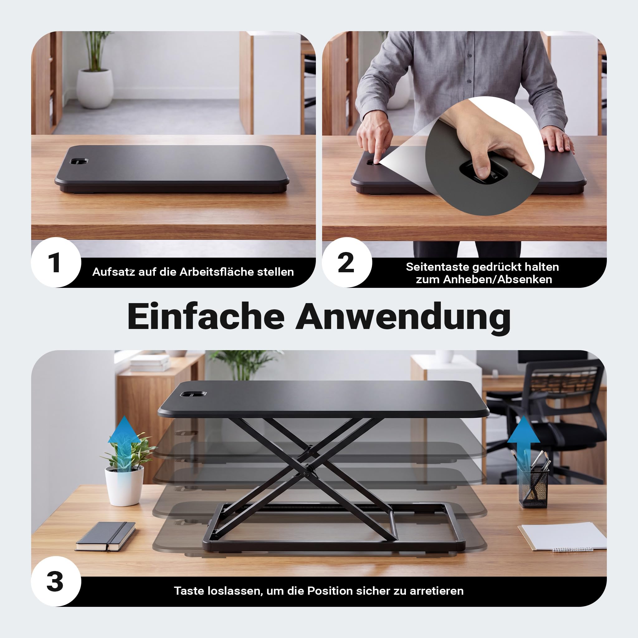 Wiltec Schreibtischaufsatz 67x47cm höhenverstellbarer Steh-Sitz Schreibtisch für Laptop und Monitor
