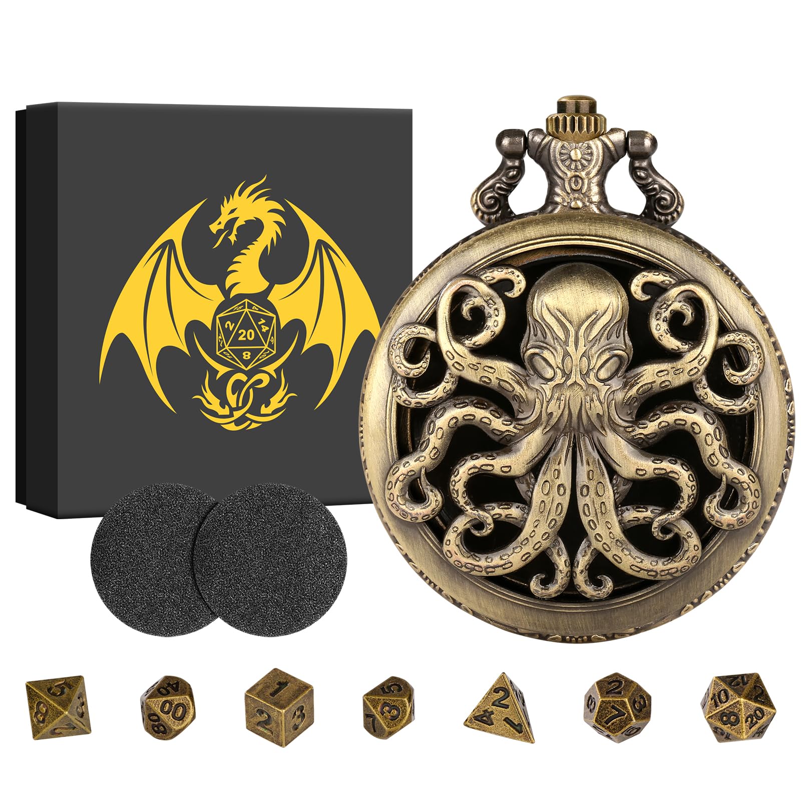 BYRRSF Mini DND Dice Set, Portable Hollow Octopus Pocket Watch Case, 7Pcs Polyhedral Metal D&D Dice, Dungeons and Dragons Gifts with Gift Box, Role Playing Board Game Accessories, Bronze