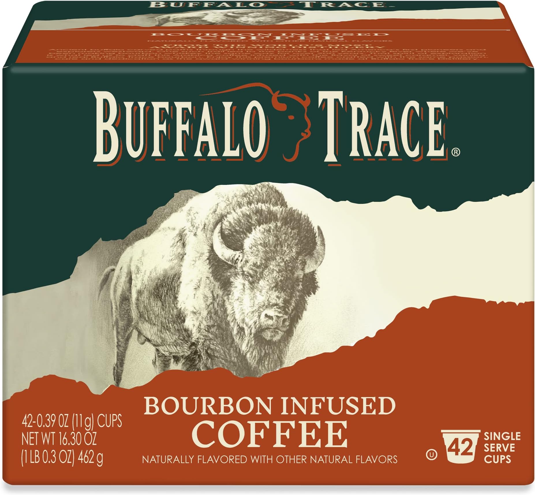 Buffalo Trace Natural Bourbon Infused Coffee, Naturally Flavored, Single Serve Coffee Cups 42 Count