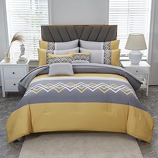 Patchwork Stripe Comforter Set Queen Size,6 Pieces Bed in A Bag,Grey and Yellow Patchwork Striped Comforter and Sheet Set,All Season Bedding Set(Grey/Yellow,Queen)