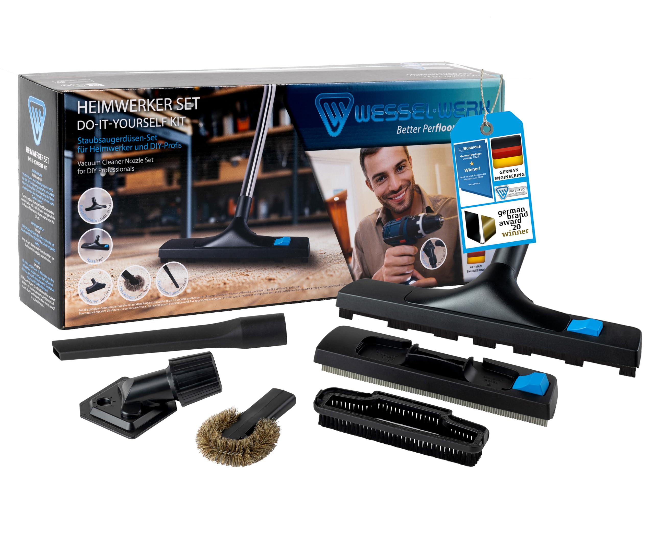 Wessel-Werk Heimwerker Set | 7-teiliges Staubsaugerdüsen Set DIY | inklusive Bohrstaubfänger und Universaladapter | passend von 32-38mm