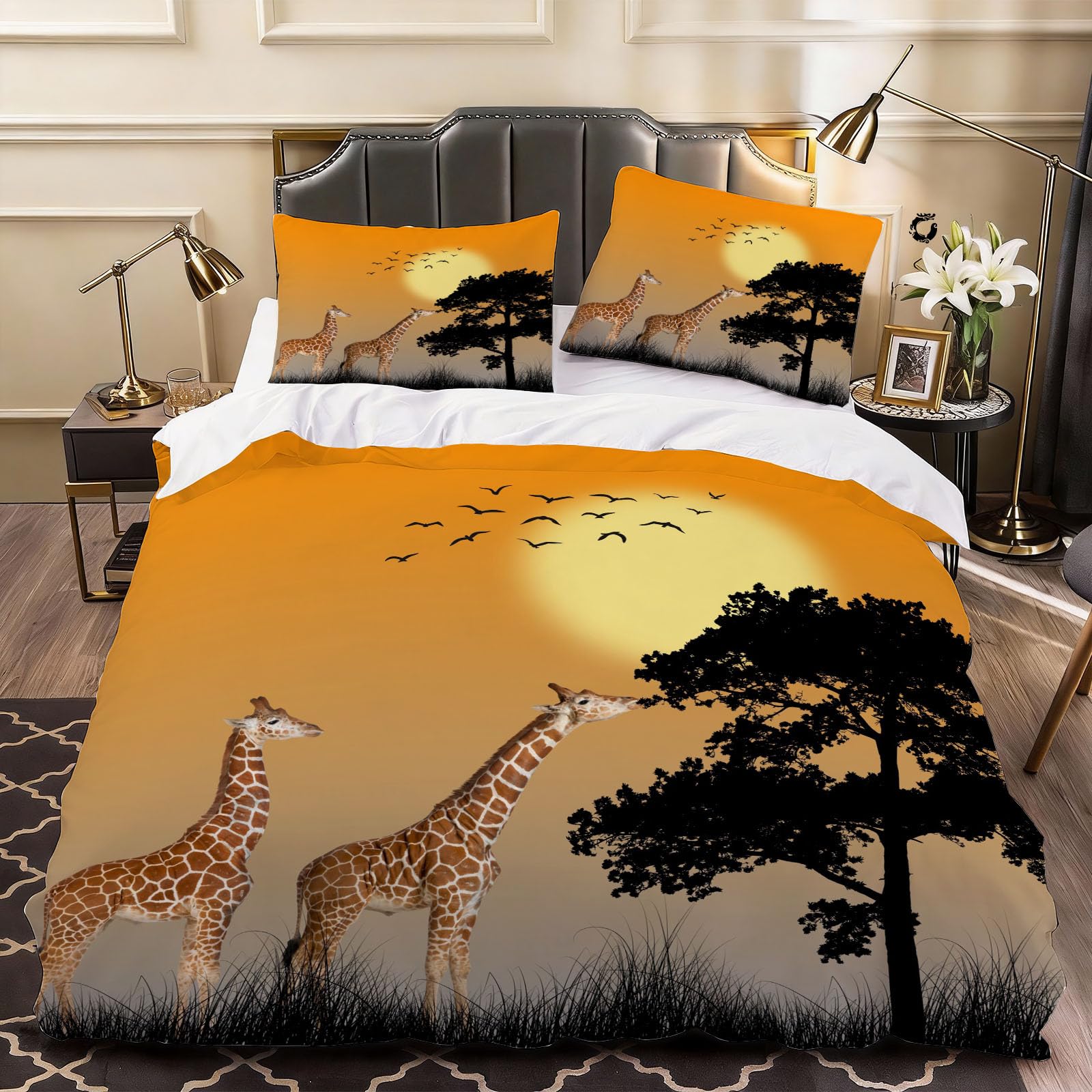 3D Giraffe Meadow Duvet Cover Vibrant Wildlife Style Bedding Double Bed Set, Soft Microfiber Comforter Cover Printed with Zipper Closure Quilt Coverr 200x200 cm and 2 Pillowcases