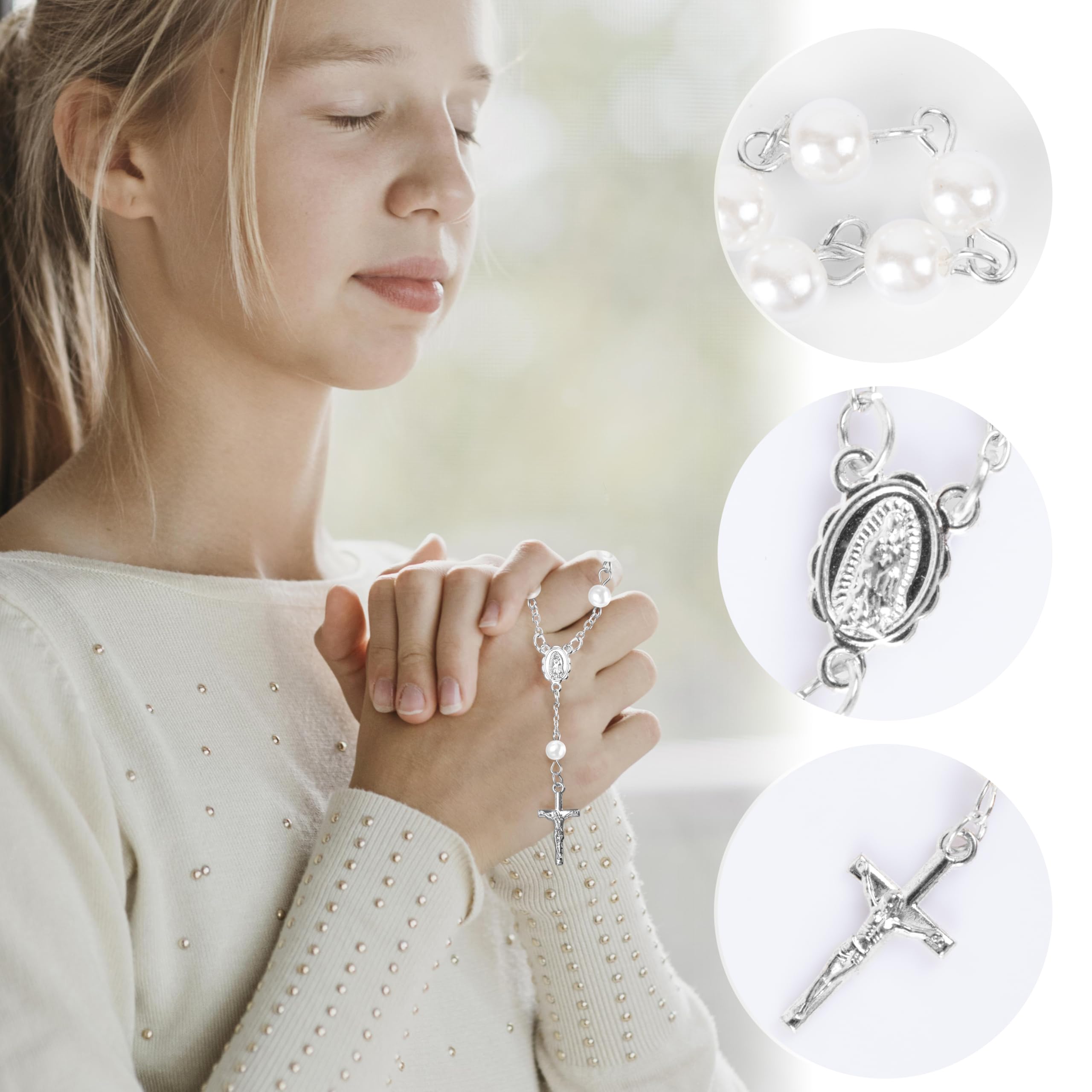 Foshird Lot de 15 chapelets catholiques avec Pendentif en Forme de Croix, étiquettes Cadeaux, Sacs en Organza, Porte-Bonheur, Bracelets, Cadeaux d'invités pour baptême, Communion, Confirmation