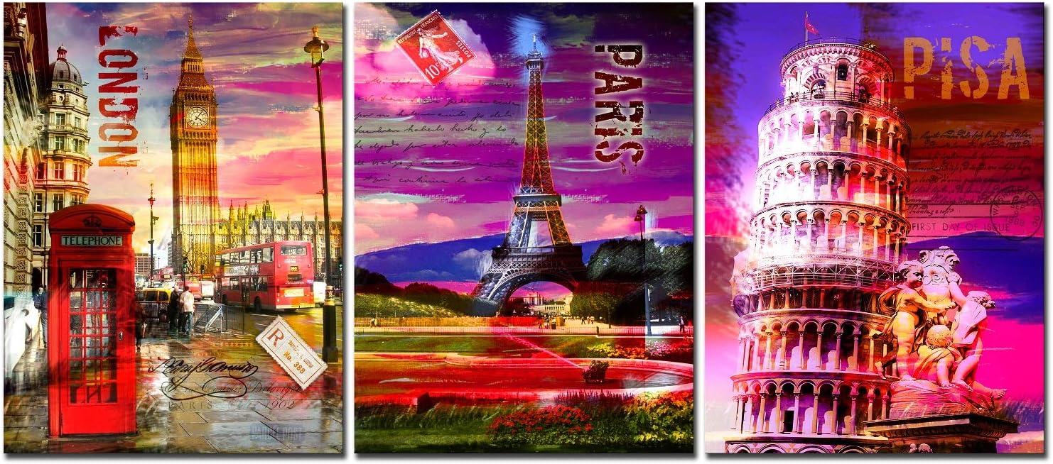 CUFUN Art - Colorful London Paris Pisa Building Eiffel Tower Leaning Tower of Pisa Big Ben Picture Prints on Canvas Modern Giclee Wall Decor for Living Room Bedroom 12x16inx3pcs