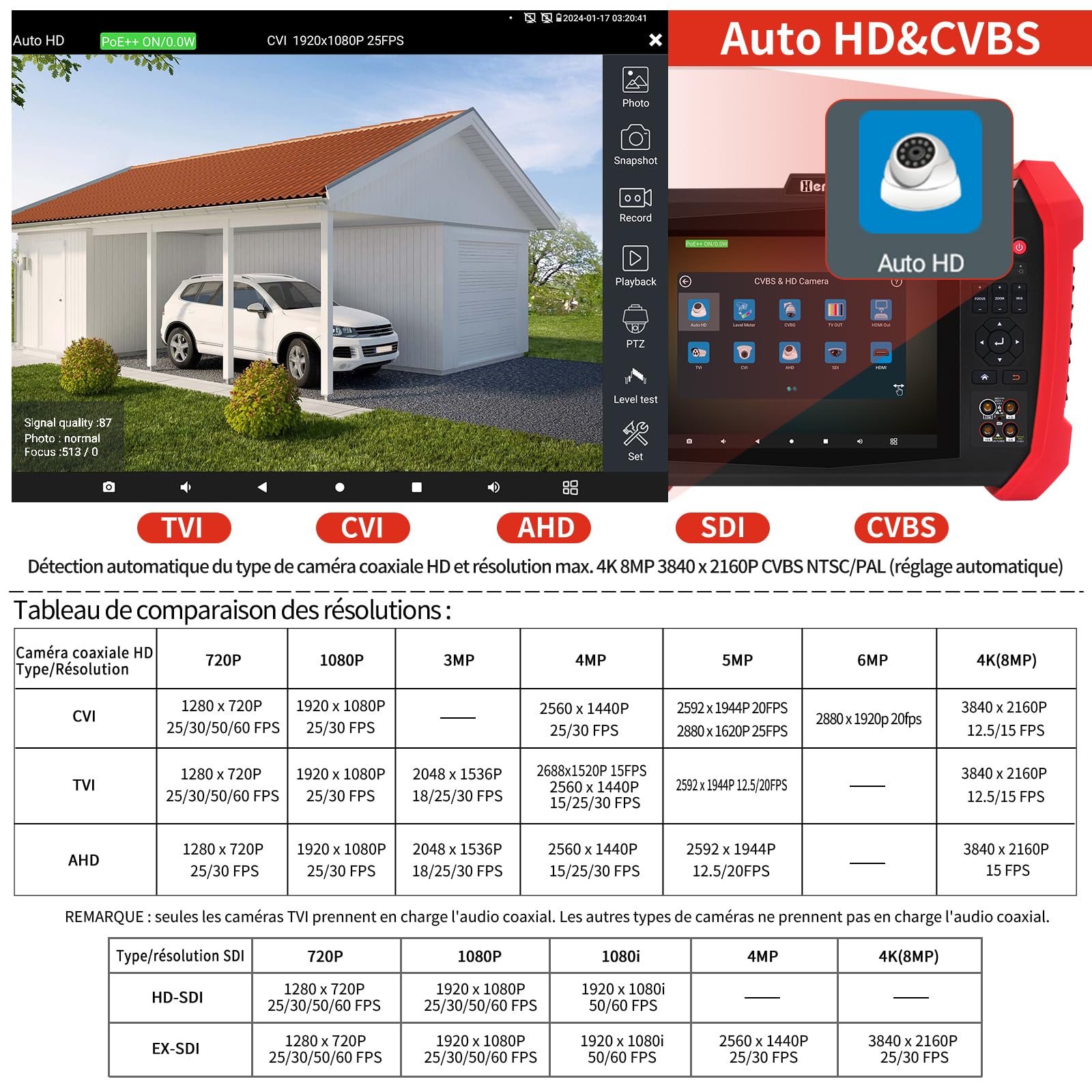 Henkion Testeur IPC CCTV H20-MOVTADHSEF 8K 32MP 12MP IP Caméra Test POE++ Max 90W HD Testeur de caméra 8MP TVI/CVI/AHD/SDI/CVBS DMM TDR WiFi Outils de réseau RJ45 Testeur de câble 2CH SFP Port HD VGA