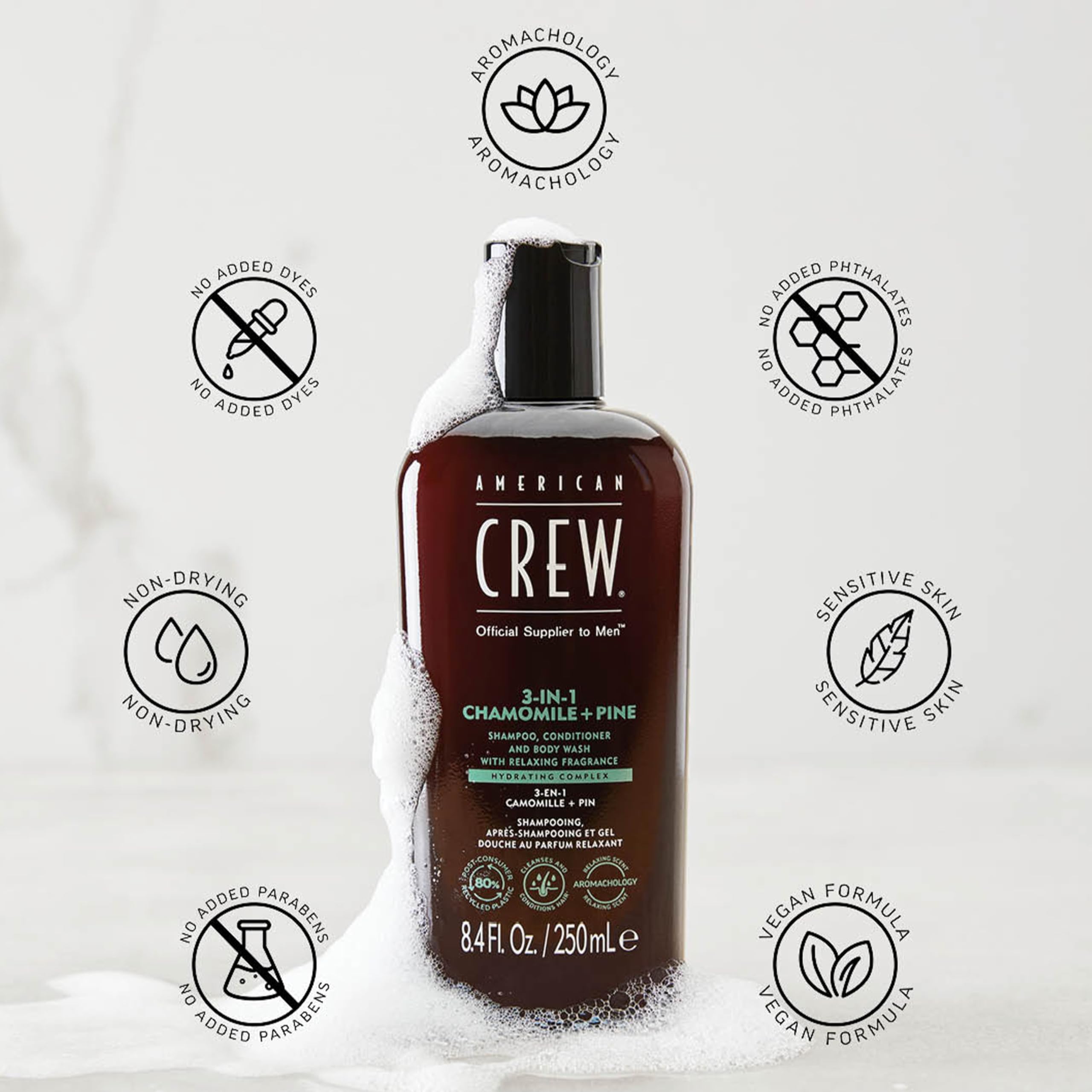 American Crew 3 en 1 Manzanilla y Pino, Champú Acondicionador y Gel de Ducha, Limpia e Hidrata el Cabello y Cuerpo, Mantiene y Repone la Barrera de Hidratación, Aroma Tranquilizante y Relajante