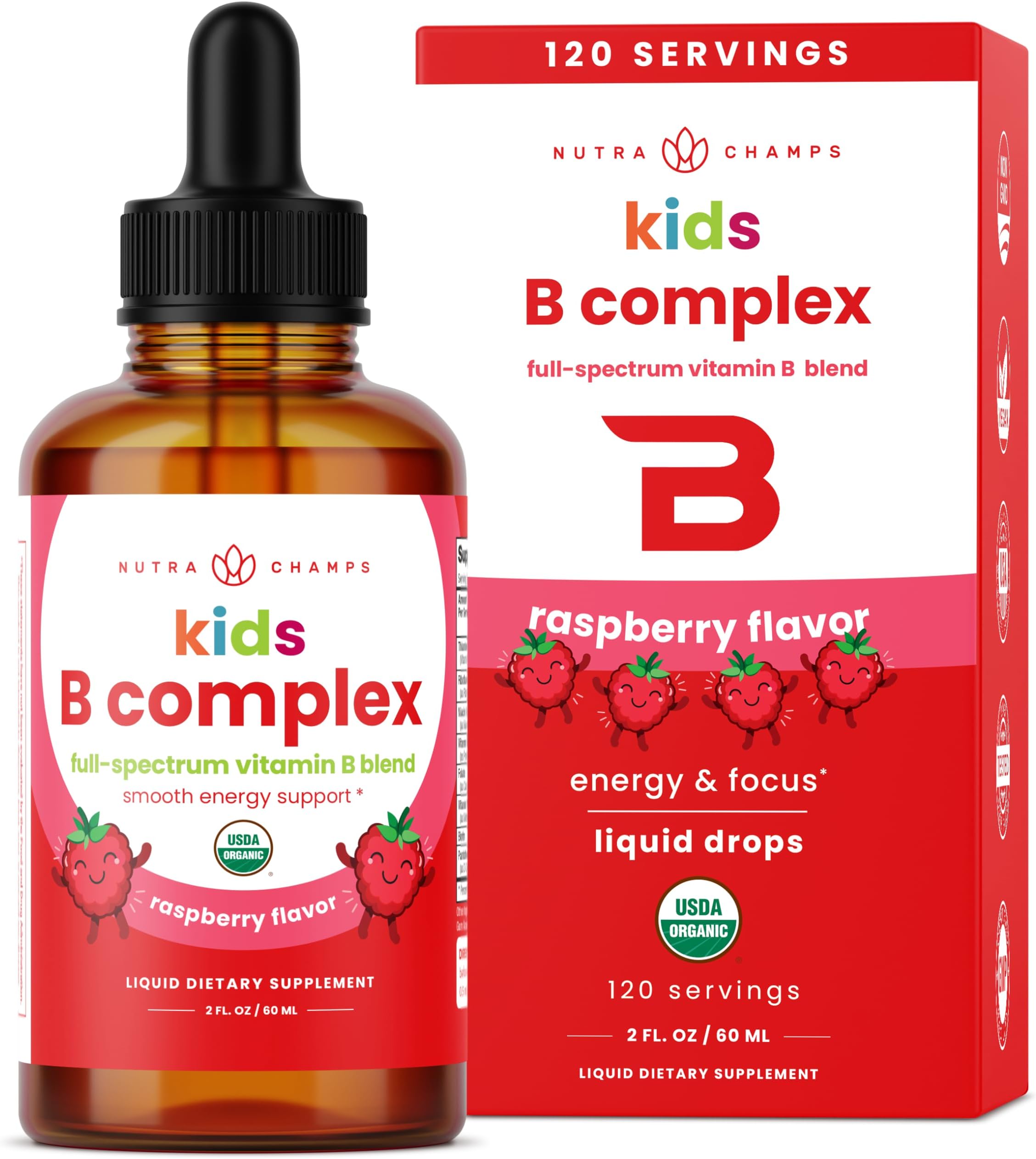 NutraChamps Vitamin B Complex for Kids, B1, B2, B3, B6, B7, B9 & Methyl B12, Kids B Complex Liquid Drops Supplement, Energy, Focus, Metabolism, Natural Berry, 120 Servings, 4 Month Supply