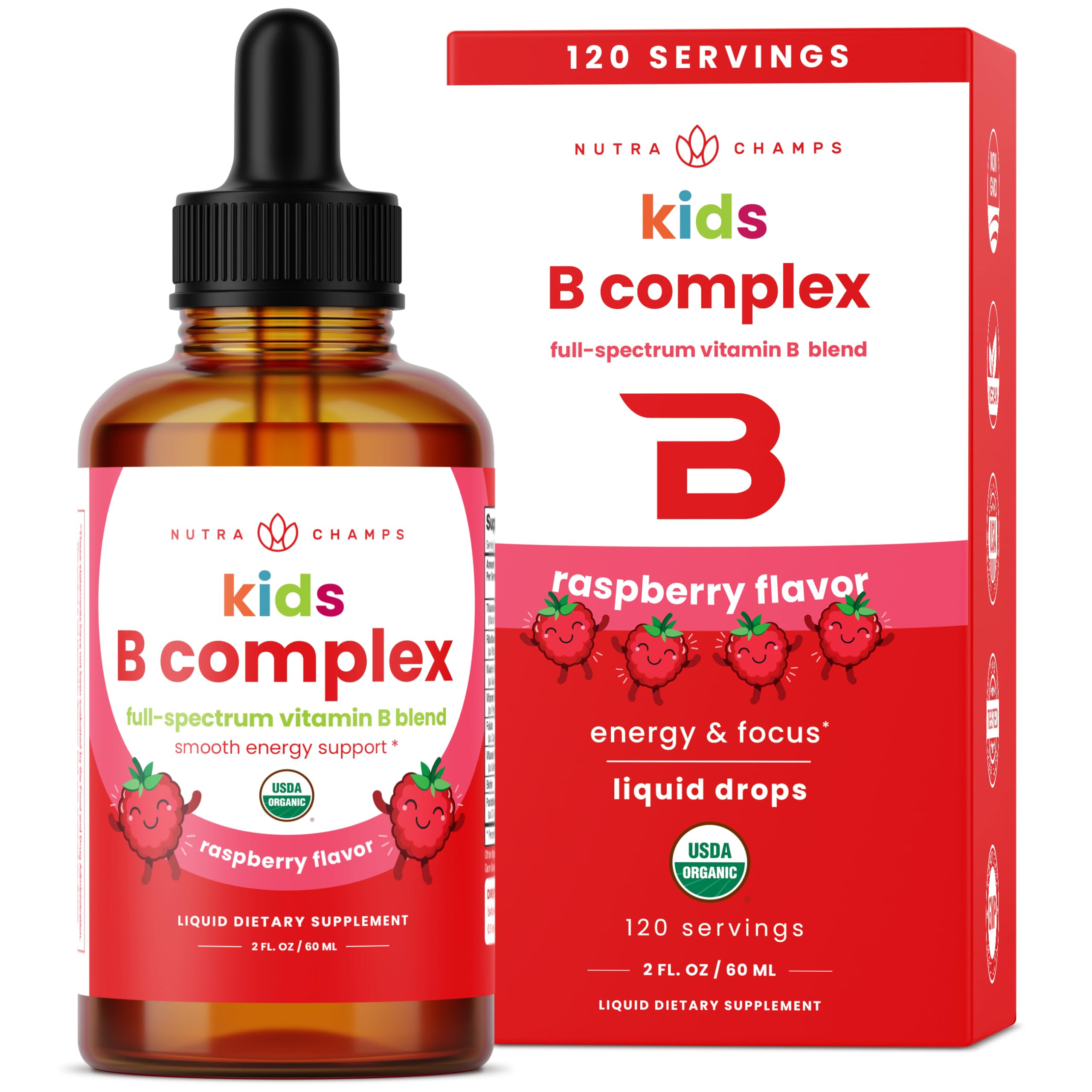 NutraChamps Vitamin B Complex for Kids, B1, B2, B3, B6, B7, B9 & Methyl B12, Kids B Complex Liquid Drops Supplement, Energy, Focus, Metabolism, Natural Berry, 120 Servings, 4 Month Supply
