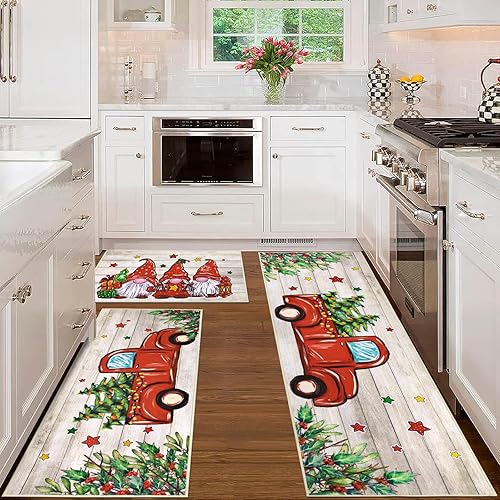 Miniatura 5 de Pauwer Juego de 3 alfombras de cocina de Navidad, tapetes de cocina con gnomo, alfombras y tapetes de cocina de granja, antideslizantes, lavables,